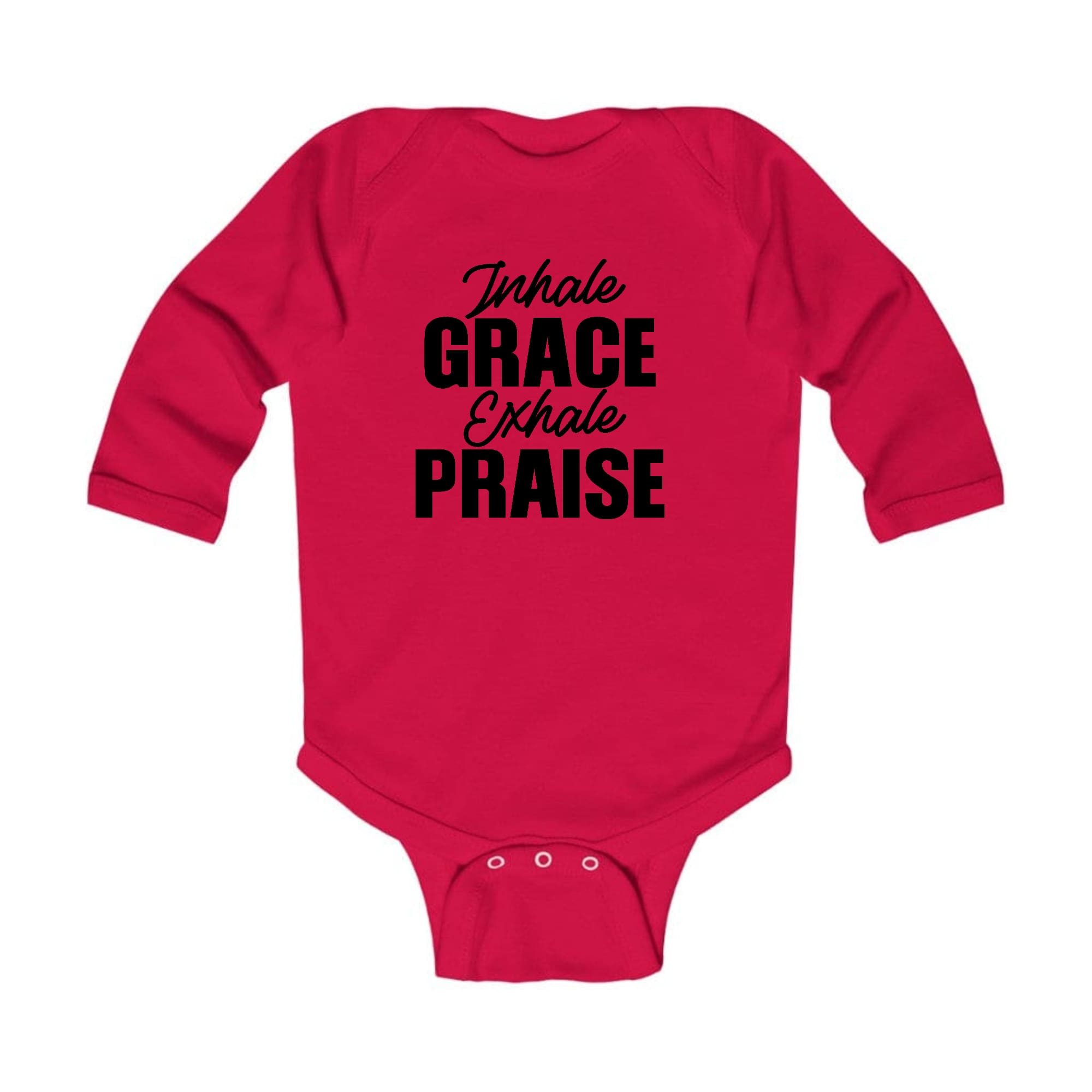 Infant Long Sleeve Graphic T-shirt in black with 'Inhale Grace Exhale Praise' design, featuring lap shoulders for easy dressing.