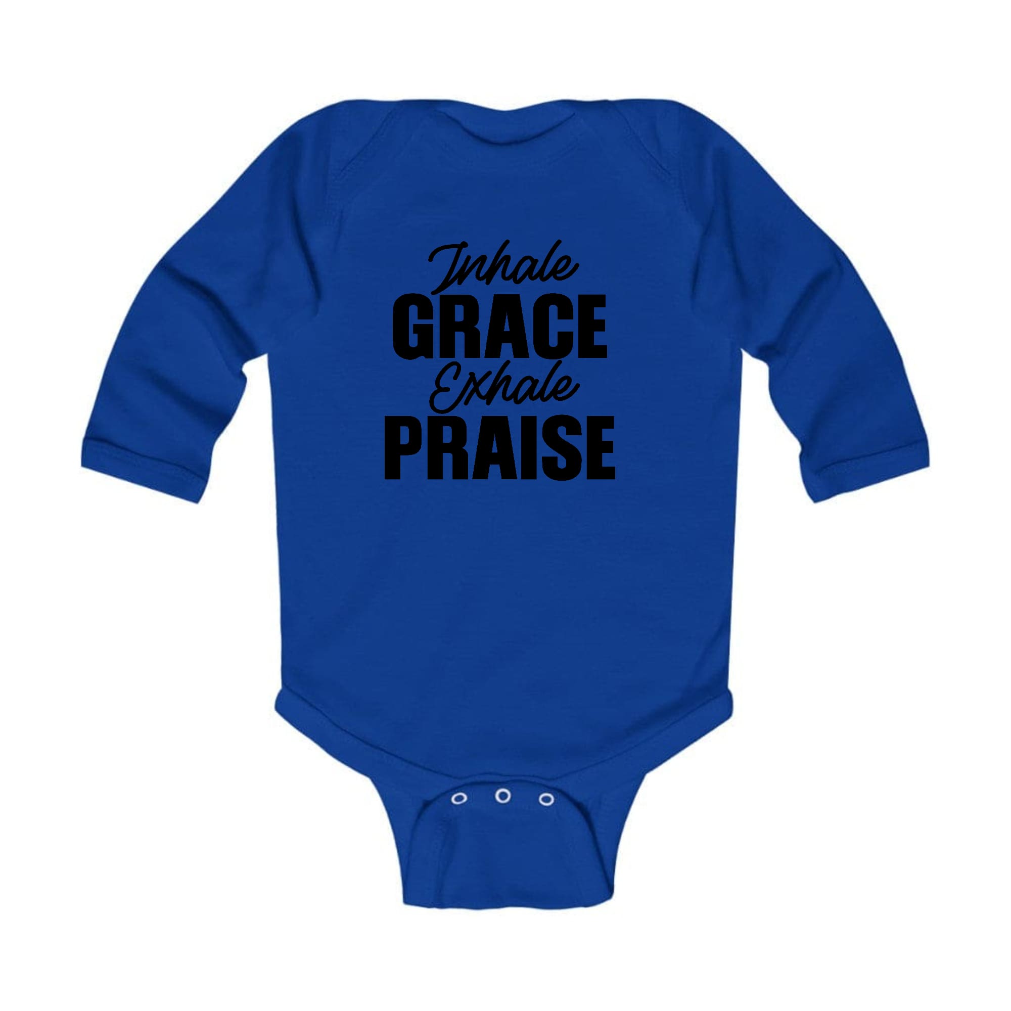 Infant Long Sleeve Graphic T-shirt in black with 'Inhale Grace Exhale Praise' design, featuring lap shoulders for easy dressing.