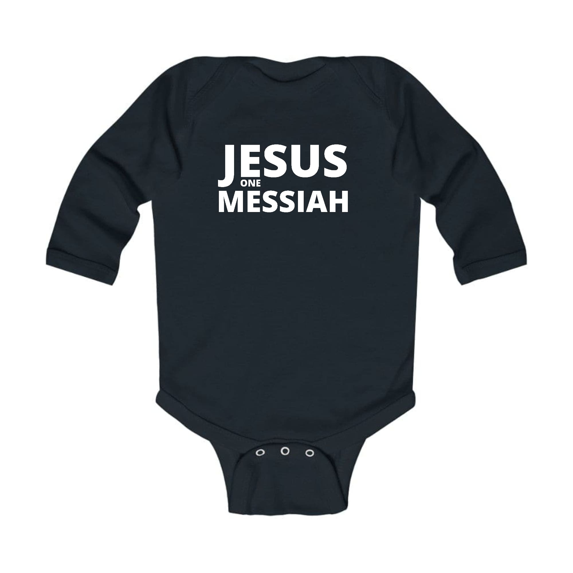 Infant Long Sleeve Graphic T-shirt featuring 'Jesus One Messiah' design, made from soft cotton for comfort.