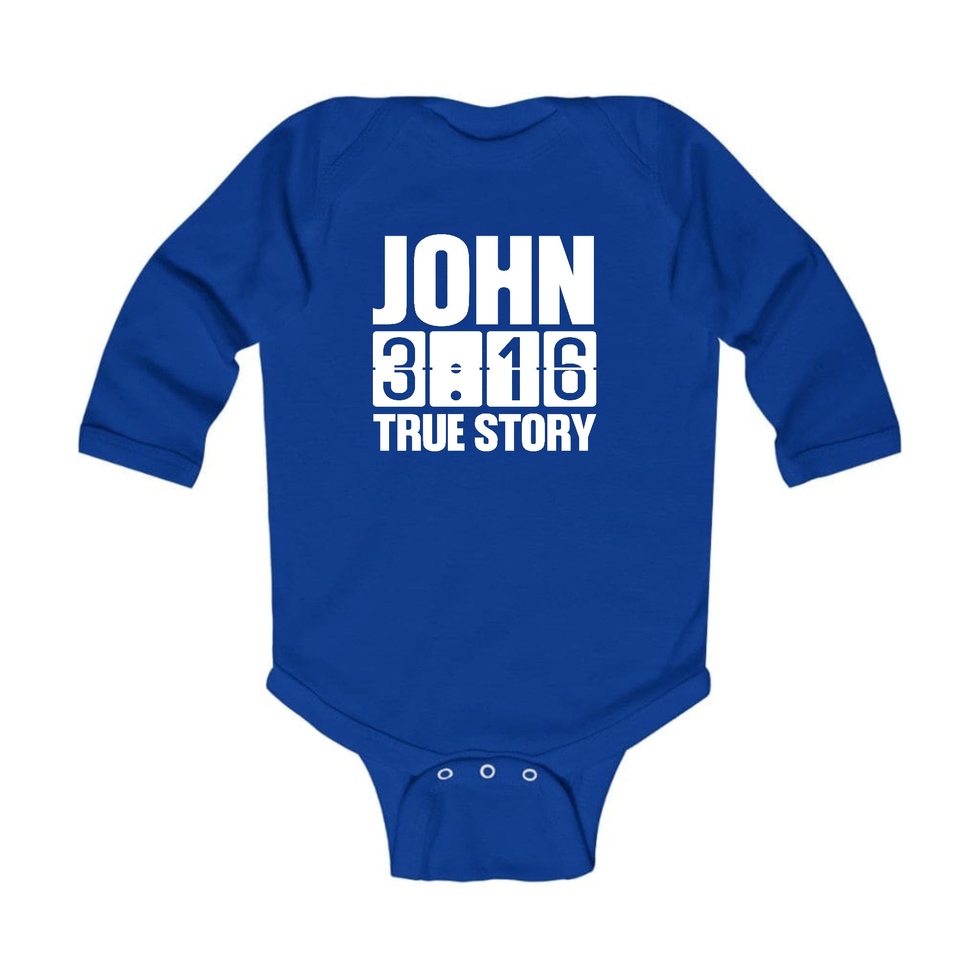 Infant Long Sleeve Graphic T-shirt with John 3:16 True Story Print, featuring soft cotton fabric and lap shoulder design.