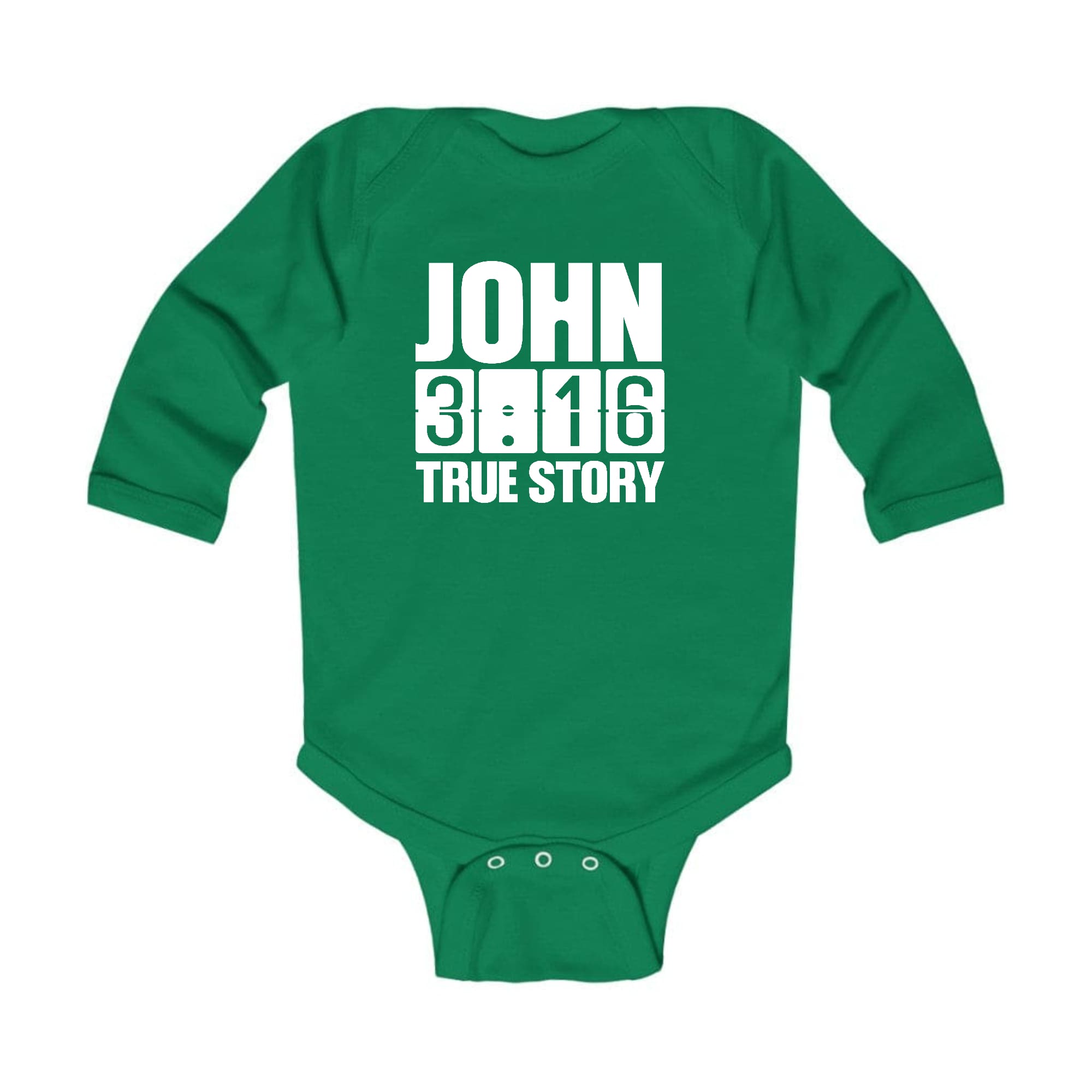 Infant Long Sleeve Graphic T-shirt with John 3:16 True Story Print, featuring soft cotton fabric and lap shoulder design.