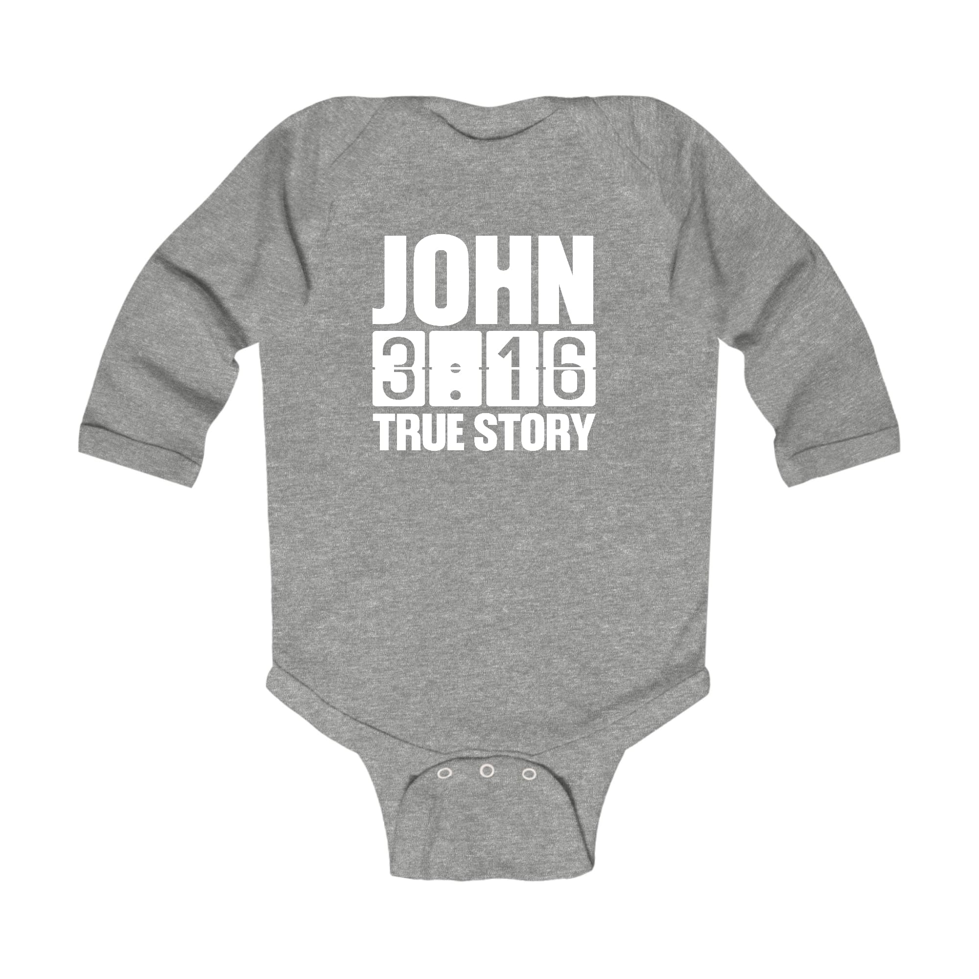 Infant Long Sleeve Graphic T-shirt with John 3:16 True Story Print, featuring soft cotton fabric and lap shoulder design.