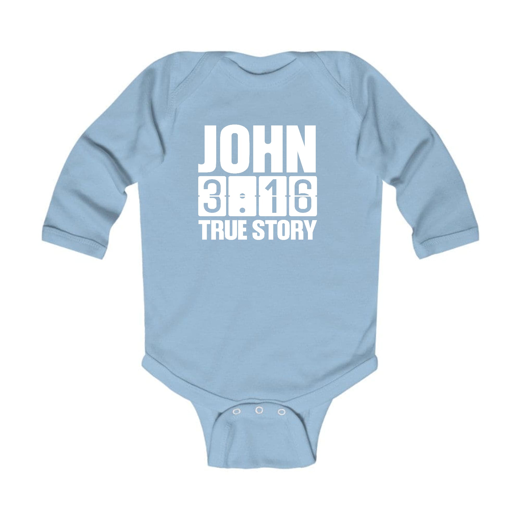 Infant Long Sleeve Graphic T-shirt with John 3:16 True Story Print, featuring soft cotton fabric and lap shoulder design.