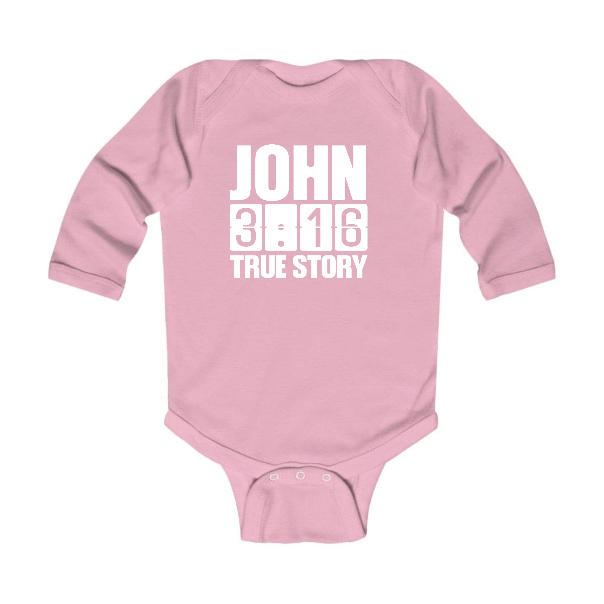 Infant Long Sleeve Graphic T-shirt with John 3:16 True Story Print, featuring soft cotton fabric and lap shoulder design.