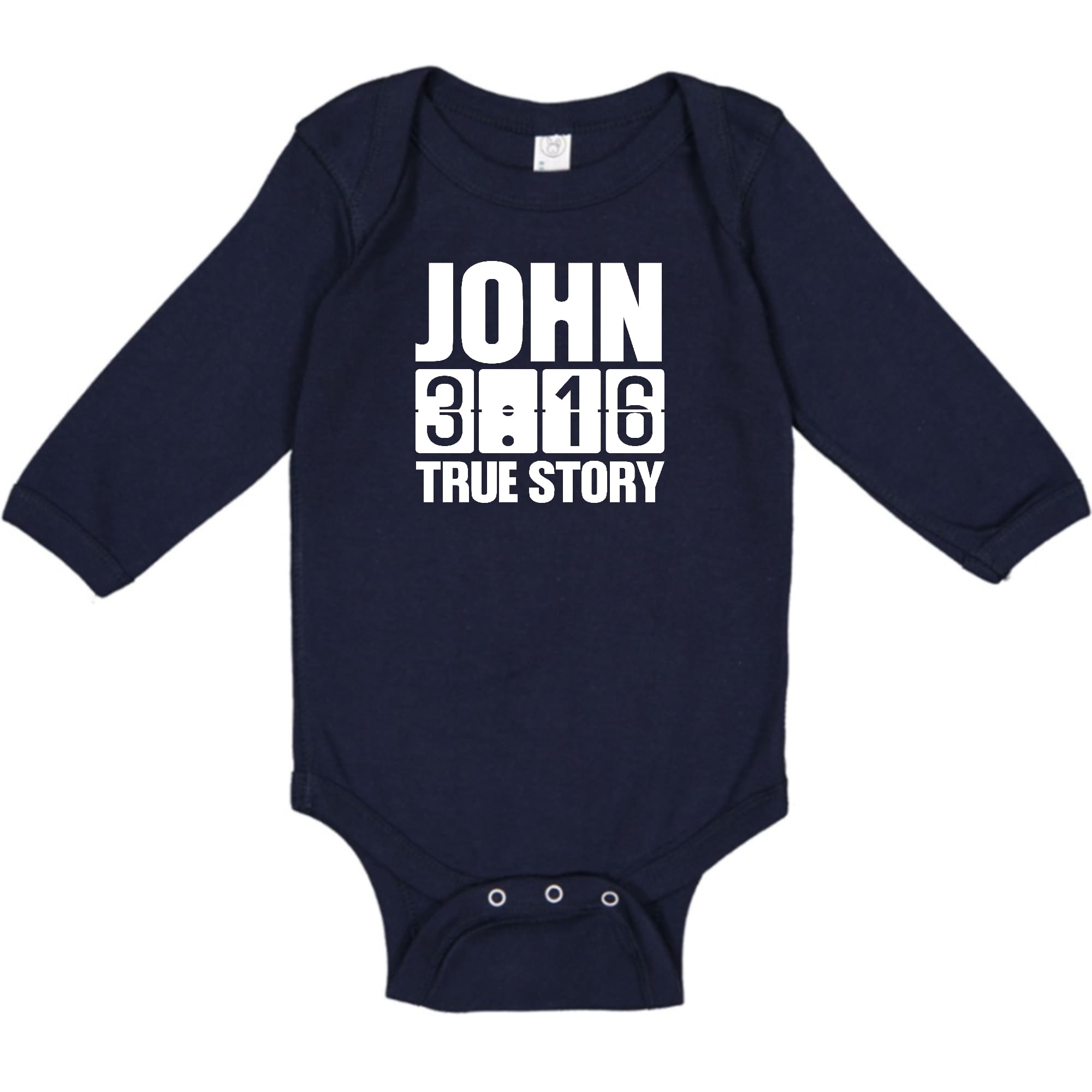 Infant Long Sleeve Graphic T-shirt with John 3:16 True Story Print, featuring soft cotton fabric and lap shoulder design.