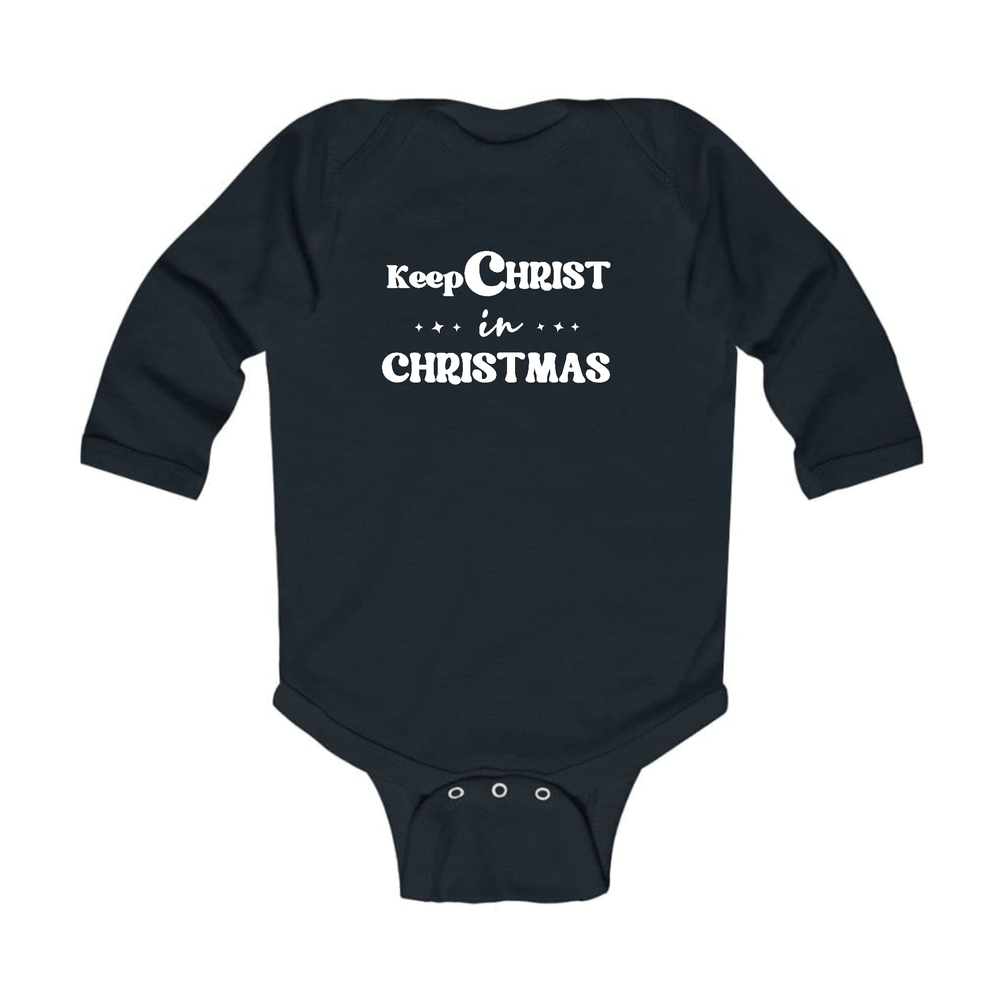 Infant Long Sleeve Graphic T-shirt with 'Keep Christ in Christmas' design, featuring lap shoulders and soft cotton fabric, perfect for holiday wear.