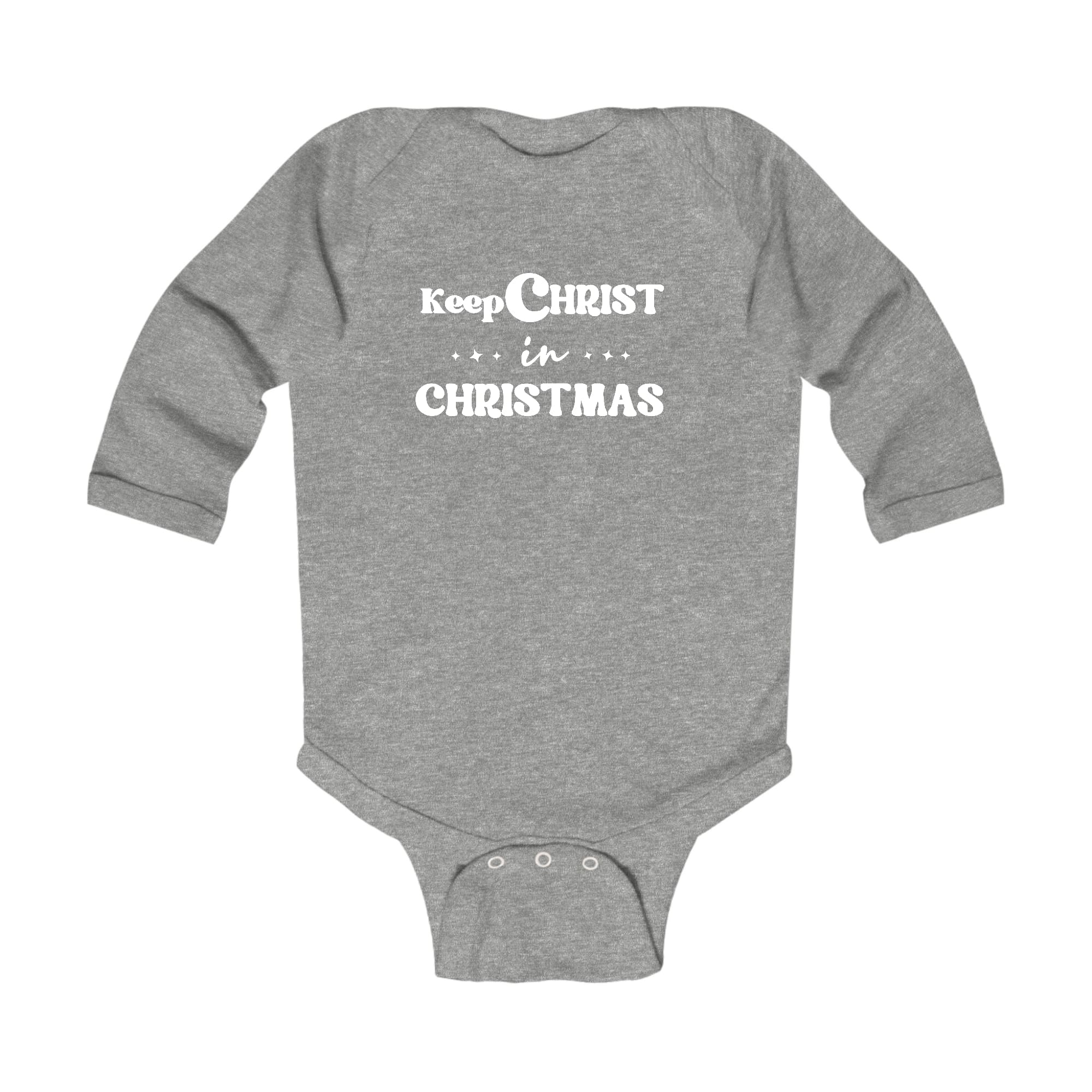 Infant Long Sleeve Graphic T-shirt with 'Keep Christ in Christmas' design, featuring lap shoulders and soft cotton fabric, perfect for holiday wear.