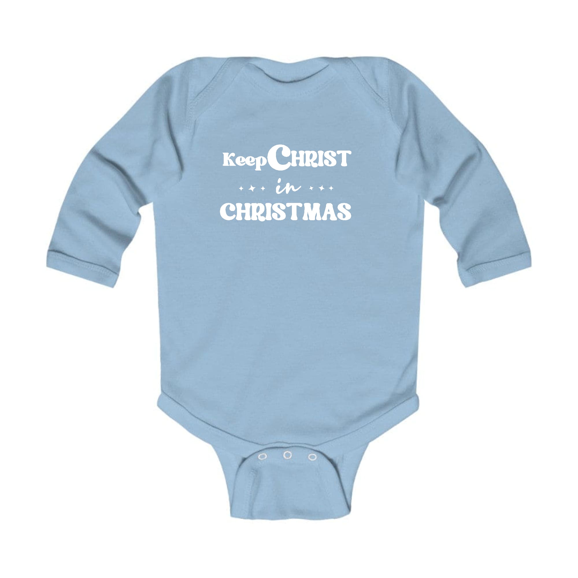 Infant Long Sleeve Graphic T-shirt with 'Keep Christ in Christmas' design, featuring lap shoulders and soft cotton fabric, perfect for holiday wear.