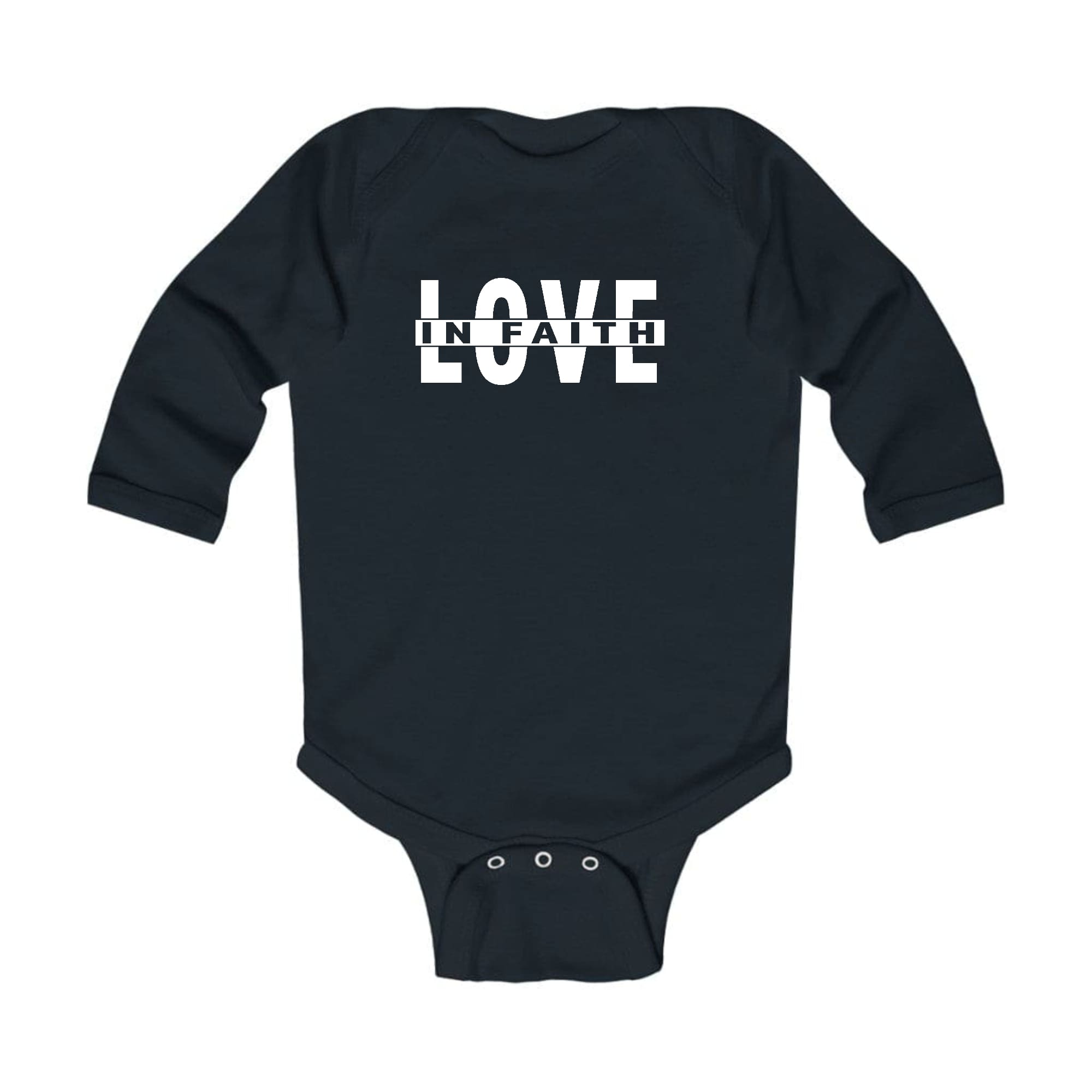 Infant Long Sleeve Graphic T-shirt featuring 'Love in Faith' design, soft cotton fabric, and lap shoulder for easy dressing.