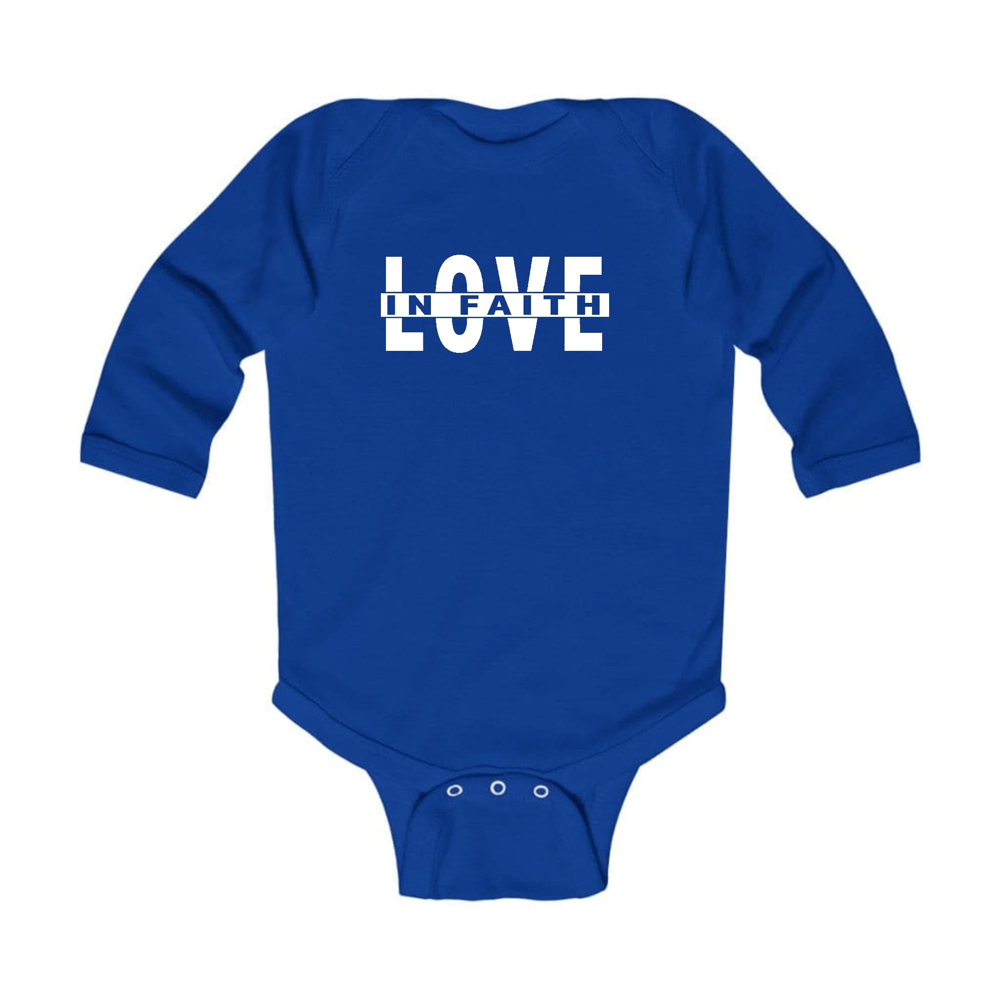 Infant Long Sleeve Graphic T-shirt featuring 'Love in Faith' design, soft cotton fabric, and lap shoulder for easy dressing.