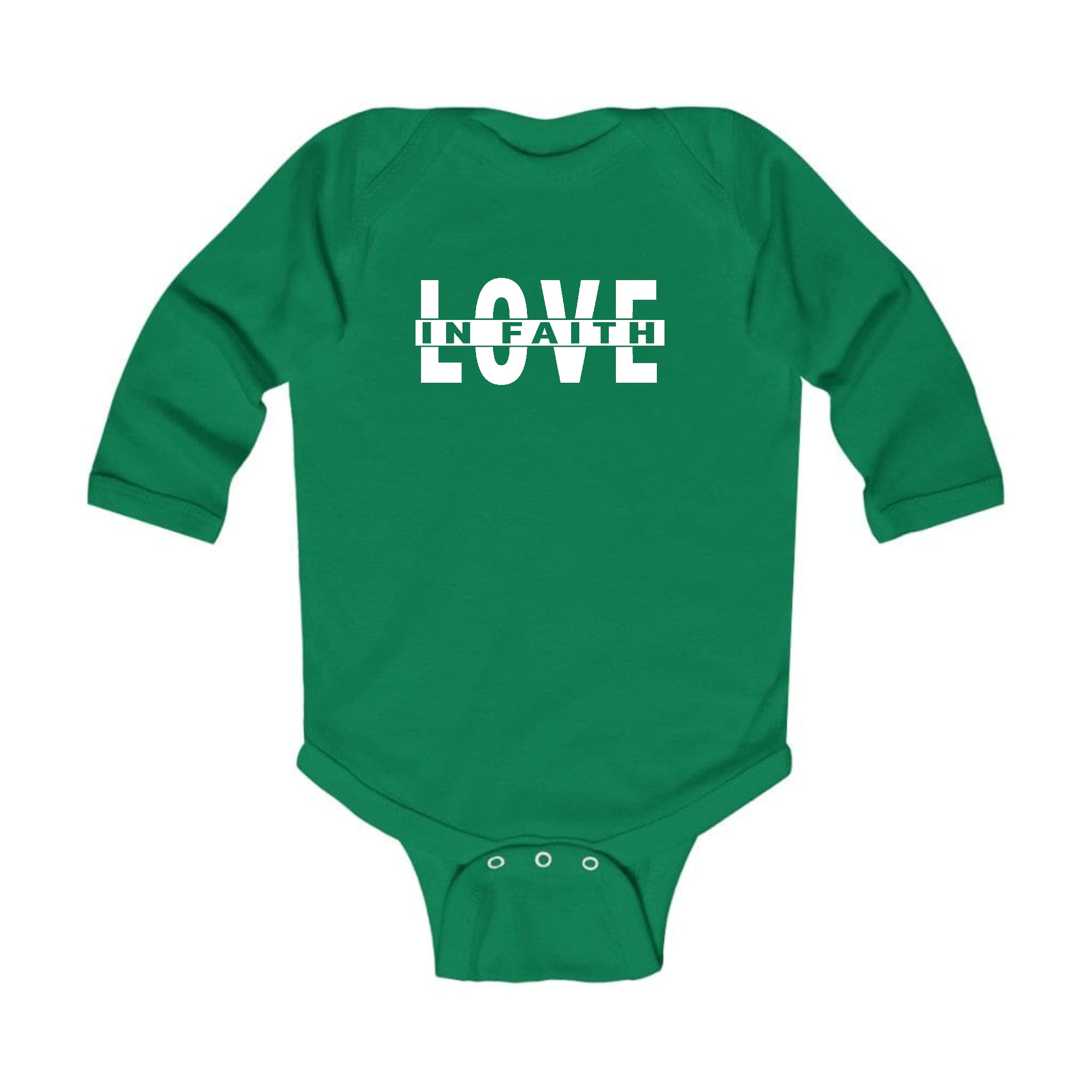 Infant Long Sleeve Graphic T-shirt featuring 'Love in Faith' design, soft cotton fabric, and lap shoulder for easy dressing.