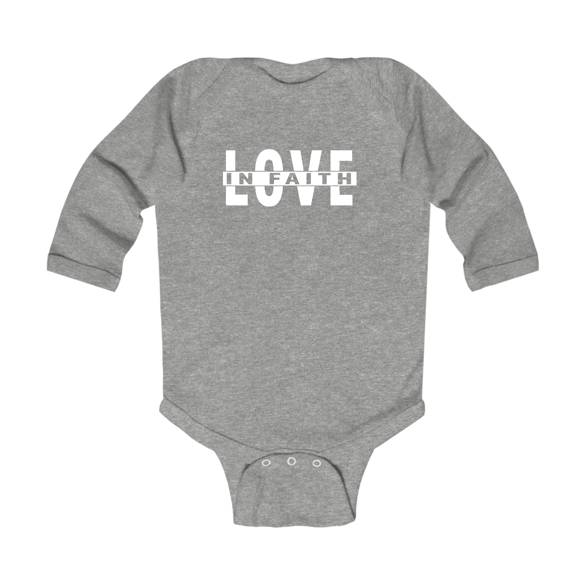 Infant Long Sleeve Graphic T-shirt featuring 'Love in Faith' design, soft cotton fabric, and lap shoulder for easy dressing.