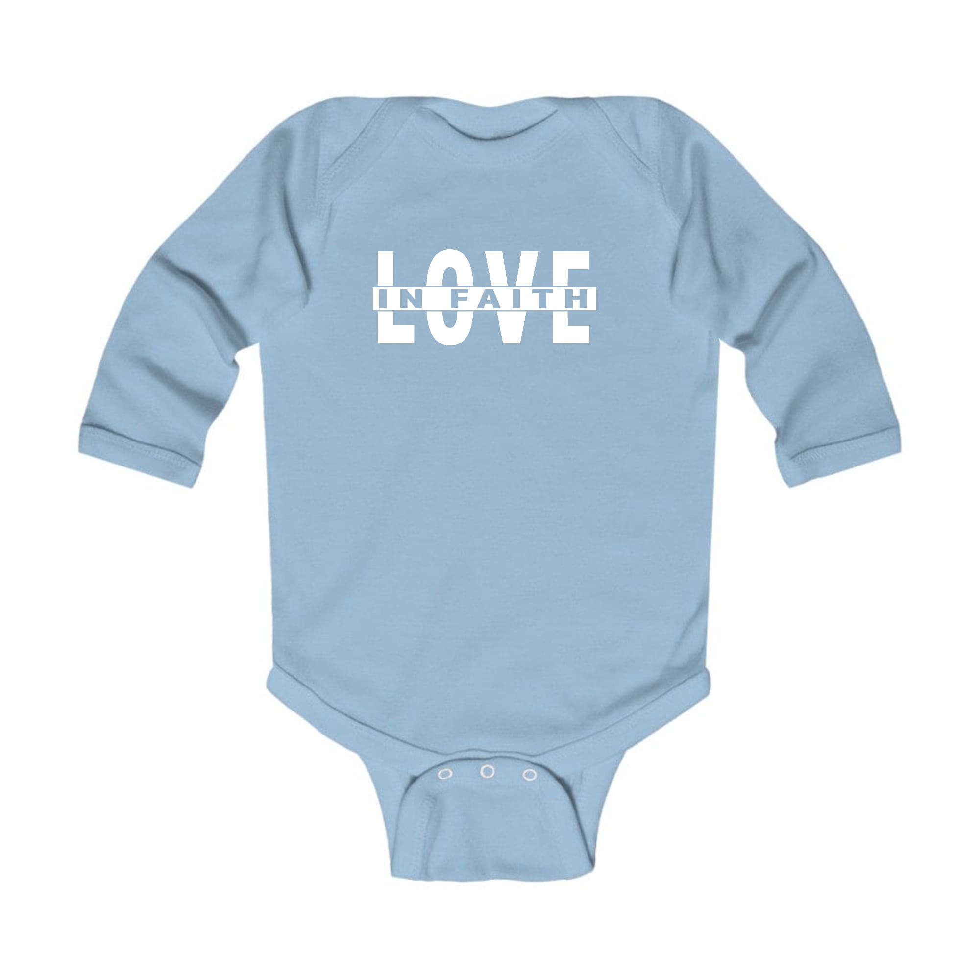 Infant Long Sleeve Graphic T-shirt featuring 'Love in Faith' design, soft cotton fabric, and lap shoulder for easy dressing.