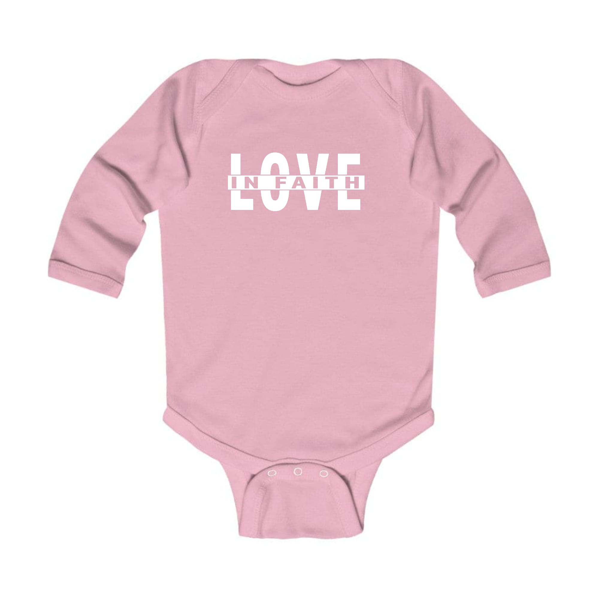 Infant Long Sleeve Graphic T-shirt featuring 'Love in Faith' design, soft cotton fabric, and lap shoulder for easy dressing.