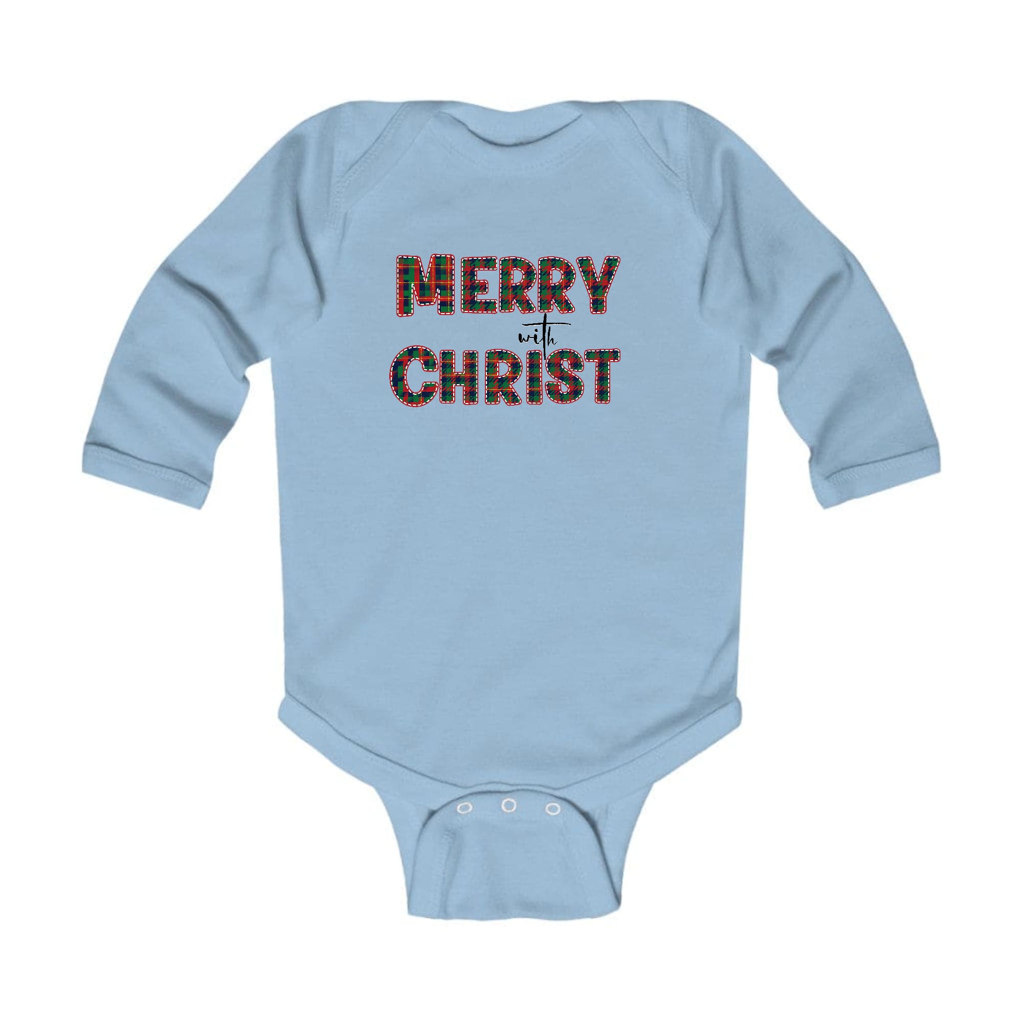 Infant Long Sleeve Graphic T-shirt in red and green plaid with Merry with Christ print, perfect for Christmas celebrations.