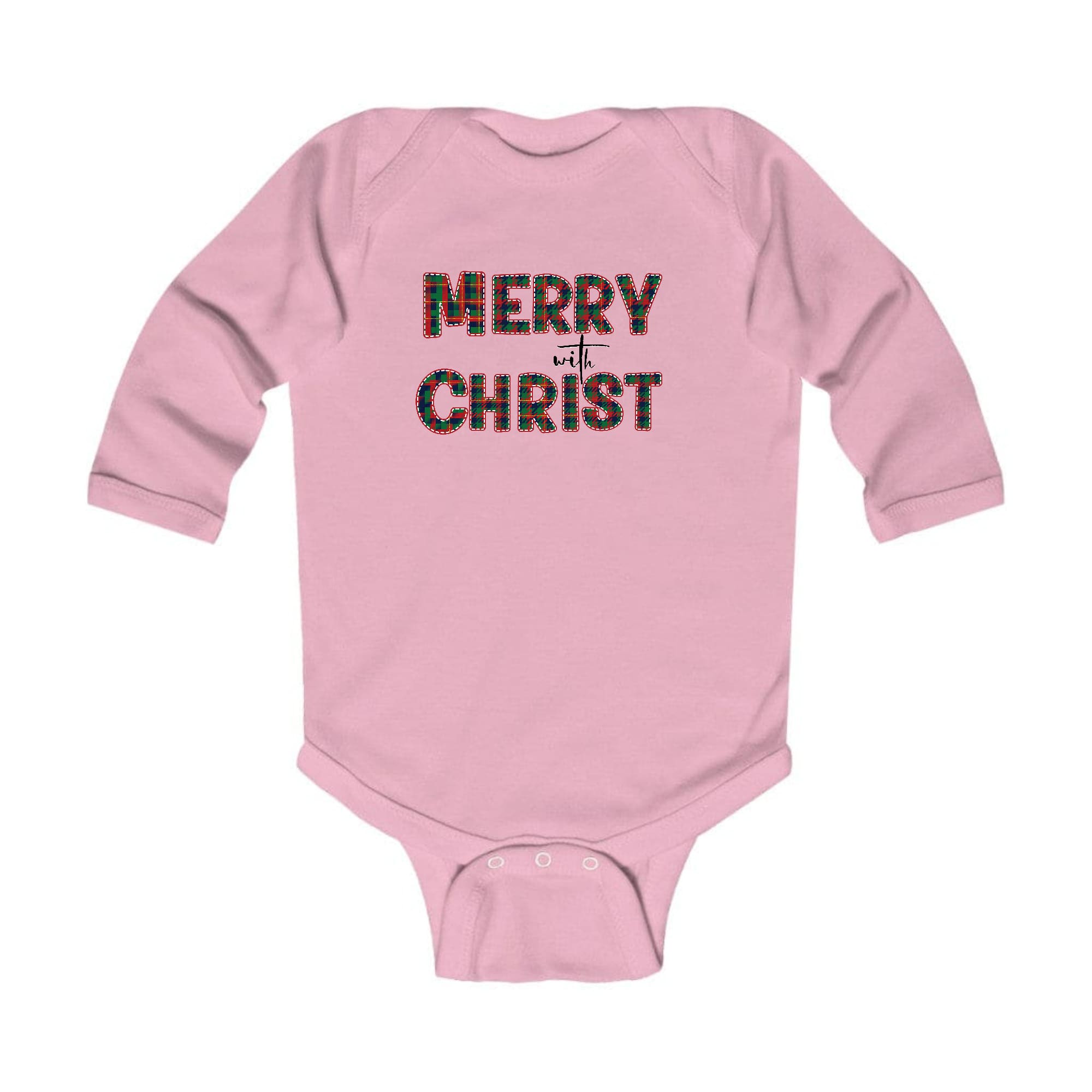 Infant Long Sleeve Graphic T-shirt in red and green plaid with Merry with Christ print, perfect for Christmas celebrations.