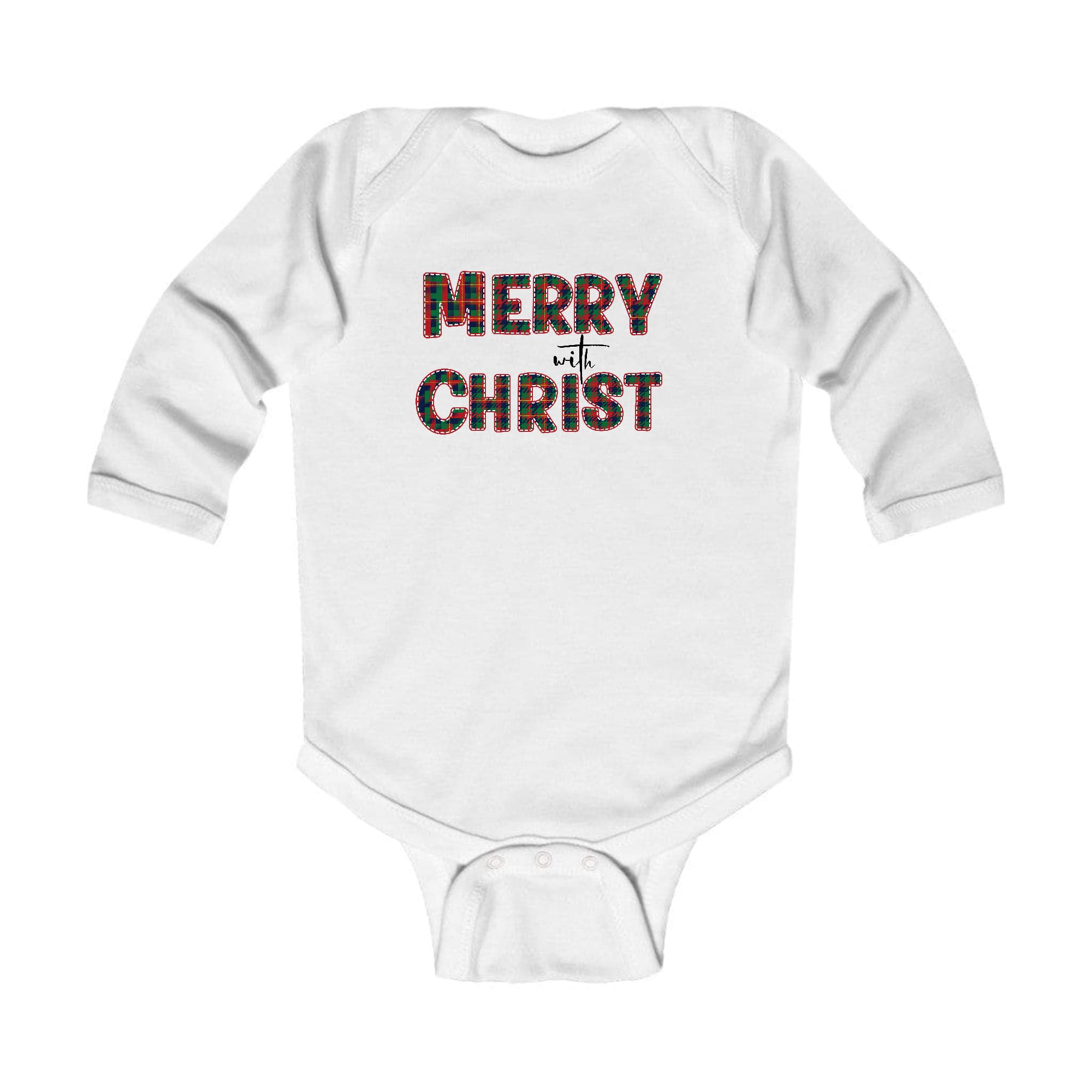 Infant Long Sleeve Graphic T-shirt in red and green plaid with Merry with Christ print, perfect for Christmas celebrations.