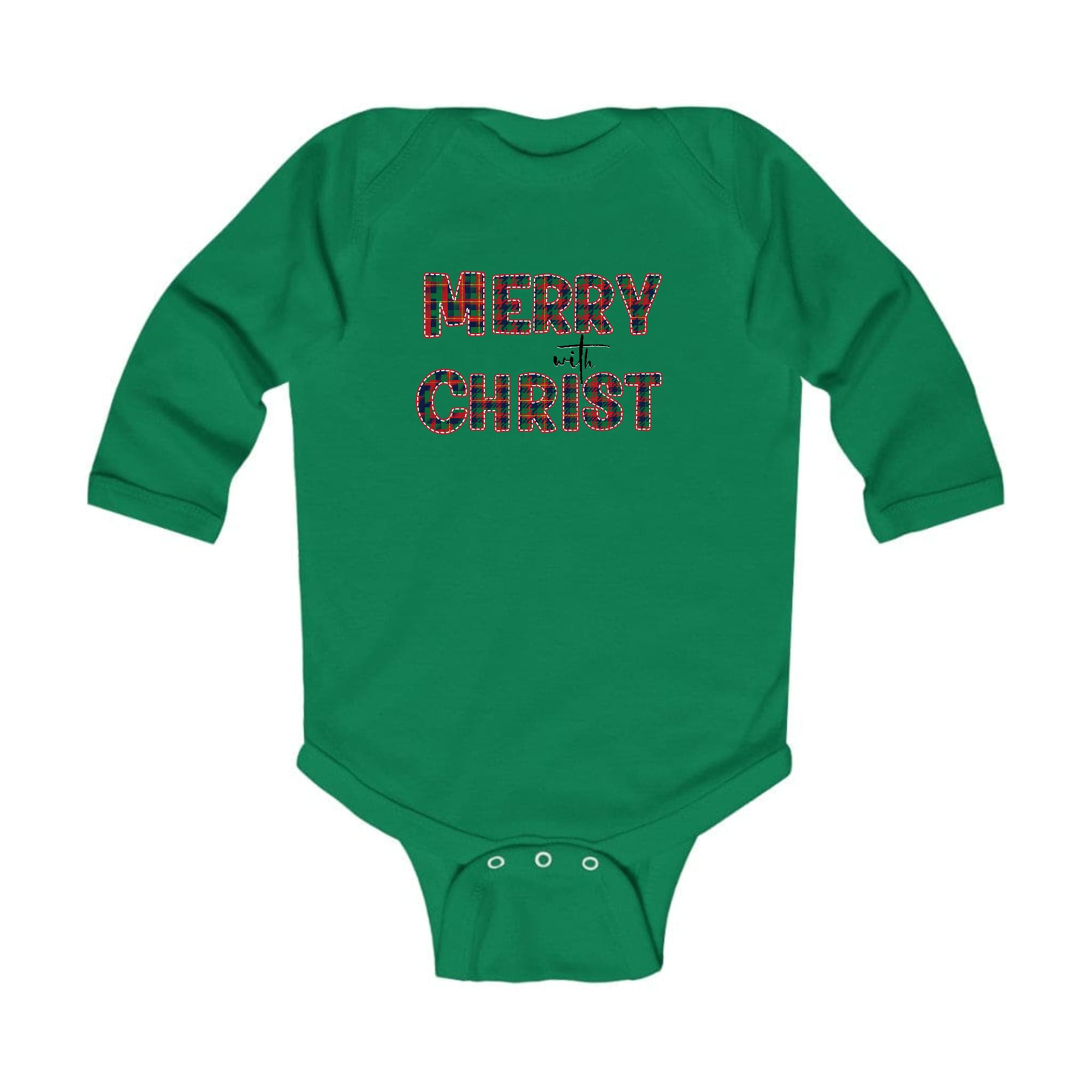 Infant Long Sleeve Graphic T-shirt in red and green plaid with Merry with Christ print, perfect for Christmas celebrations.