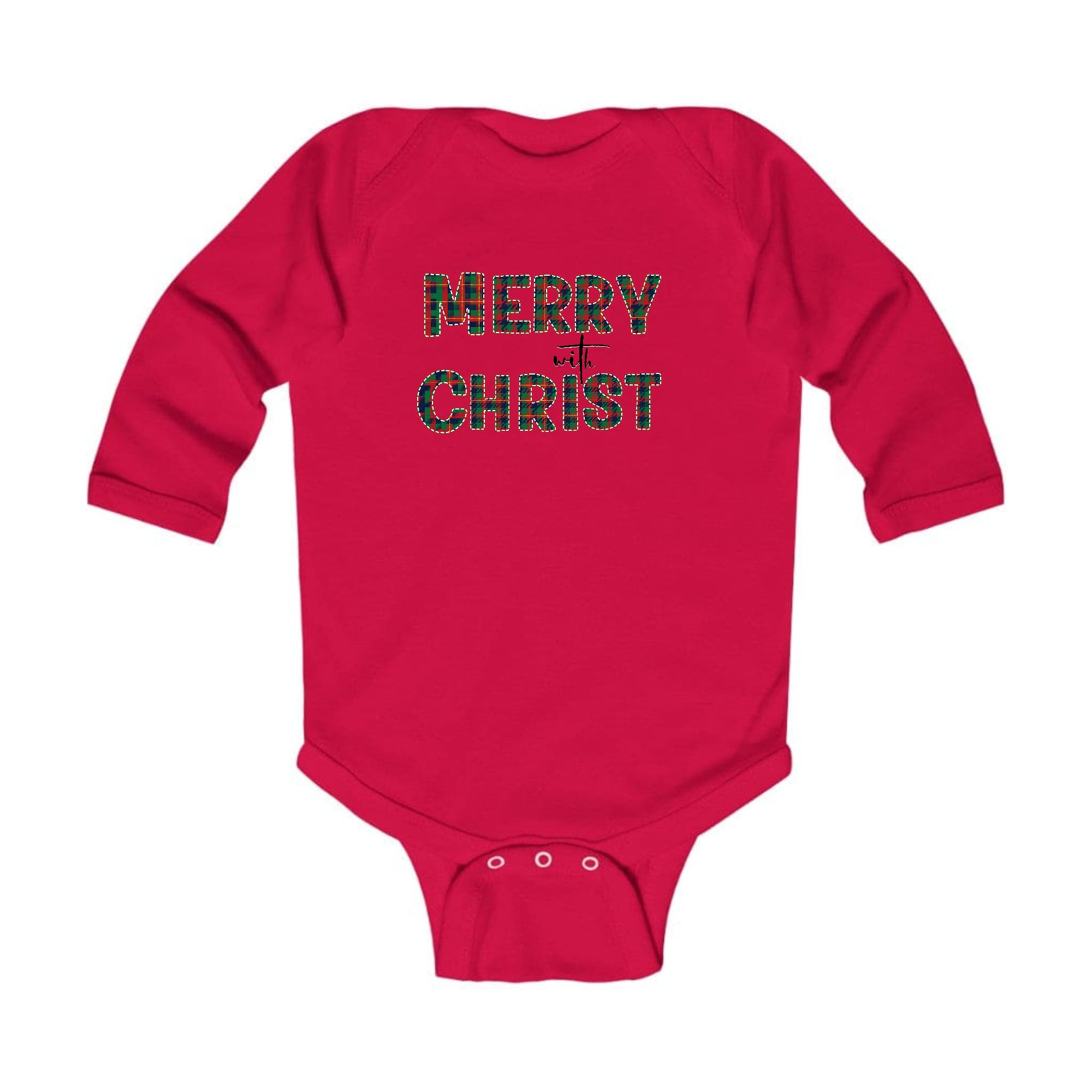 Infant Long Sleeve Graphic T-shirt in red and green plaid with Merry with Christ print, perfect for Christmas celebrations.