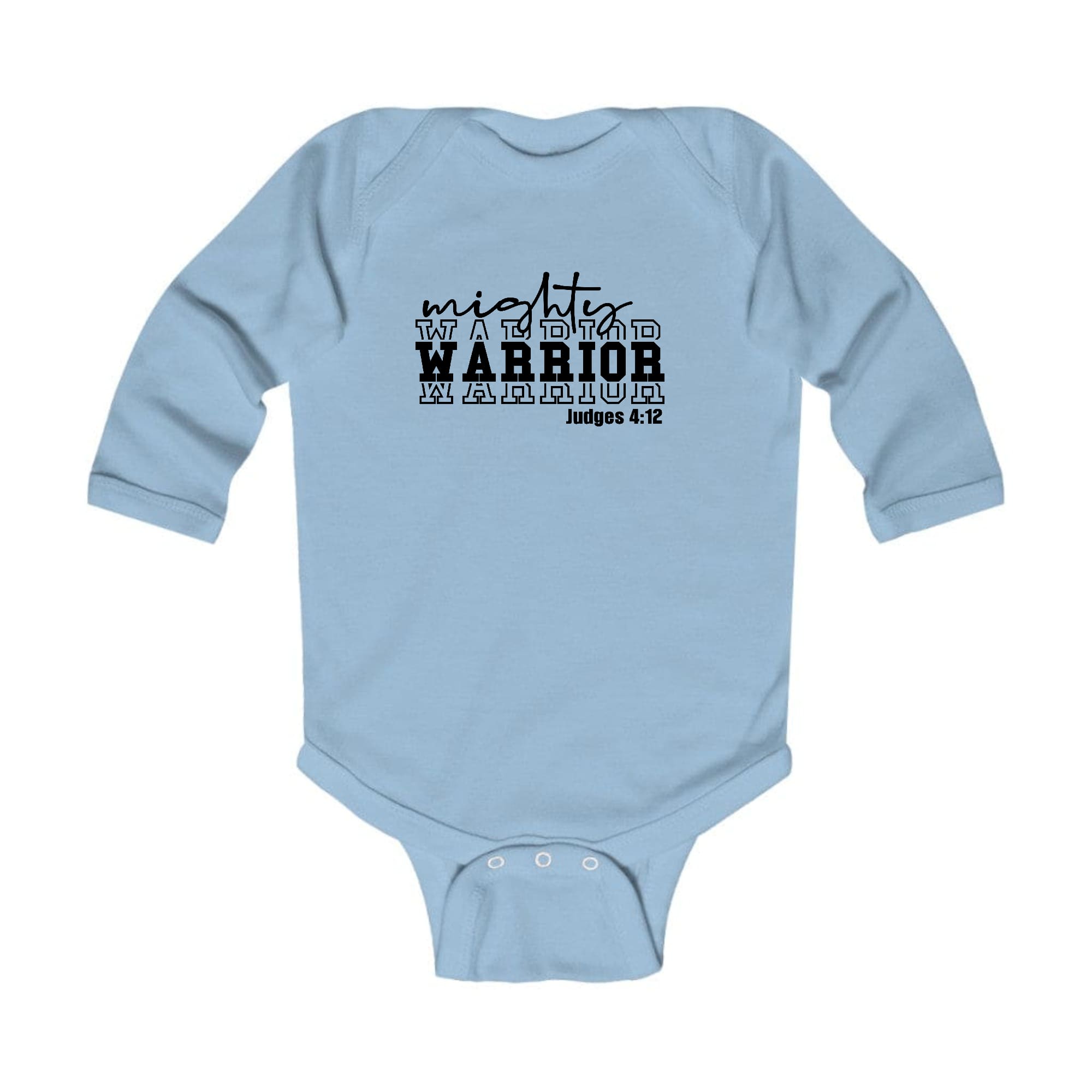 Infant long sleeve graphic t-shirt featuring a Mighty Warrior black illustration, designed for comfort and easy dressing.