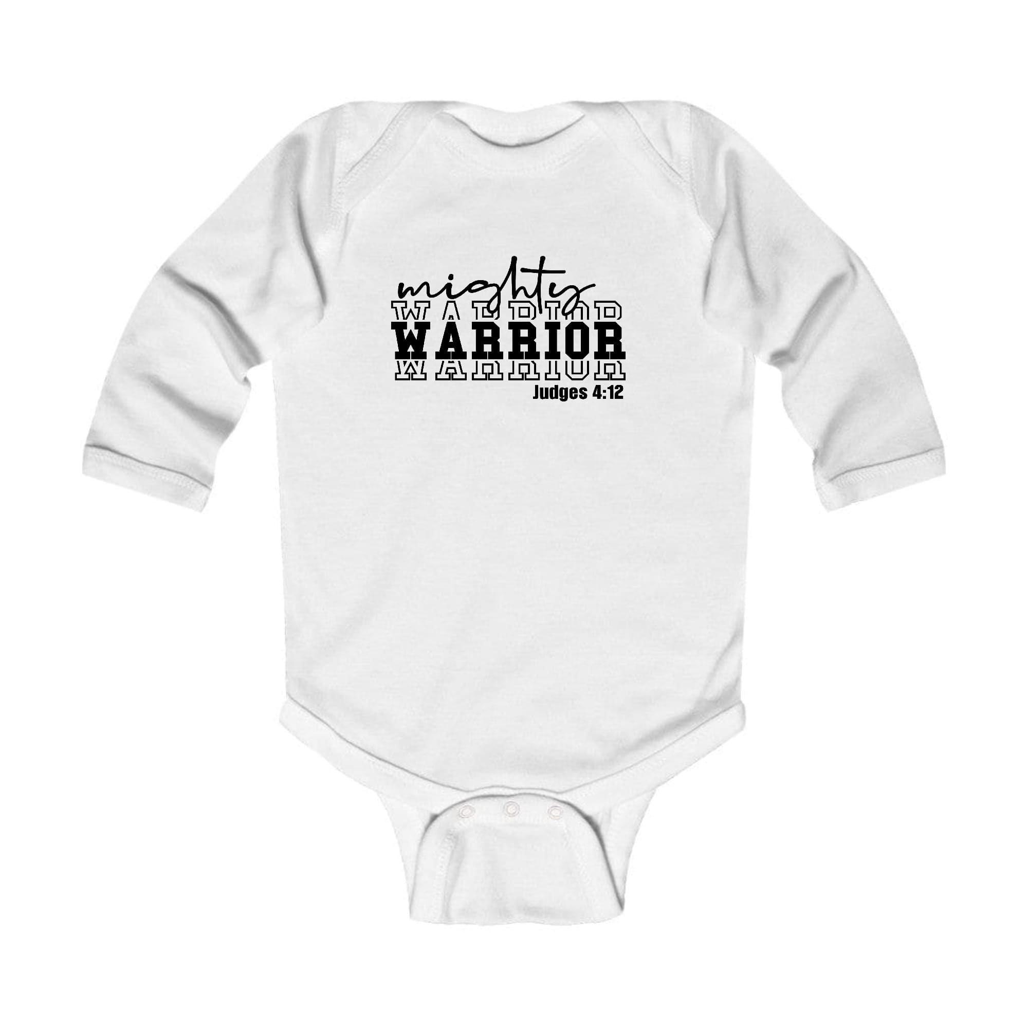 Infant long sleeve graphic t-shirt featuring a Mighty Warrior black illustration, designed for comfort and easy dressing.