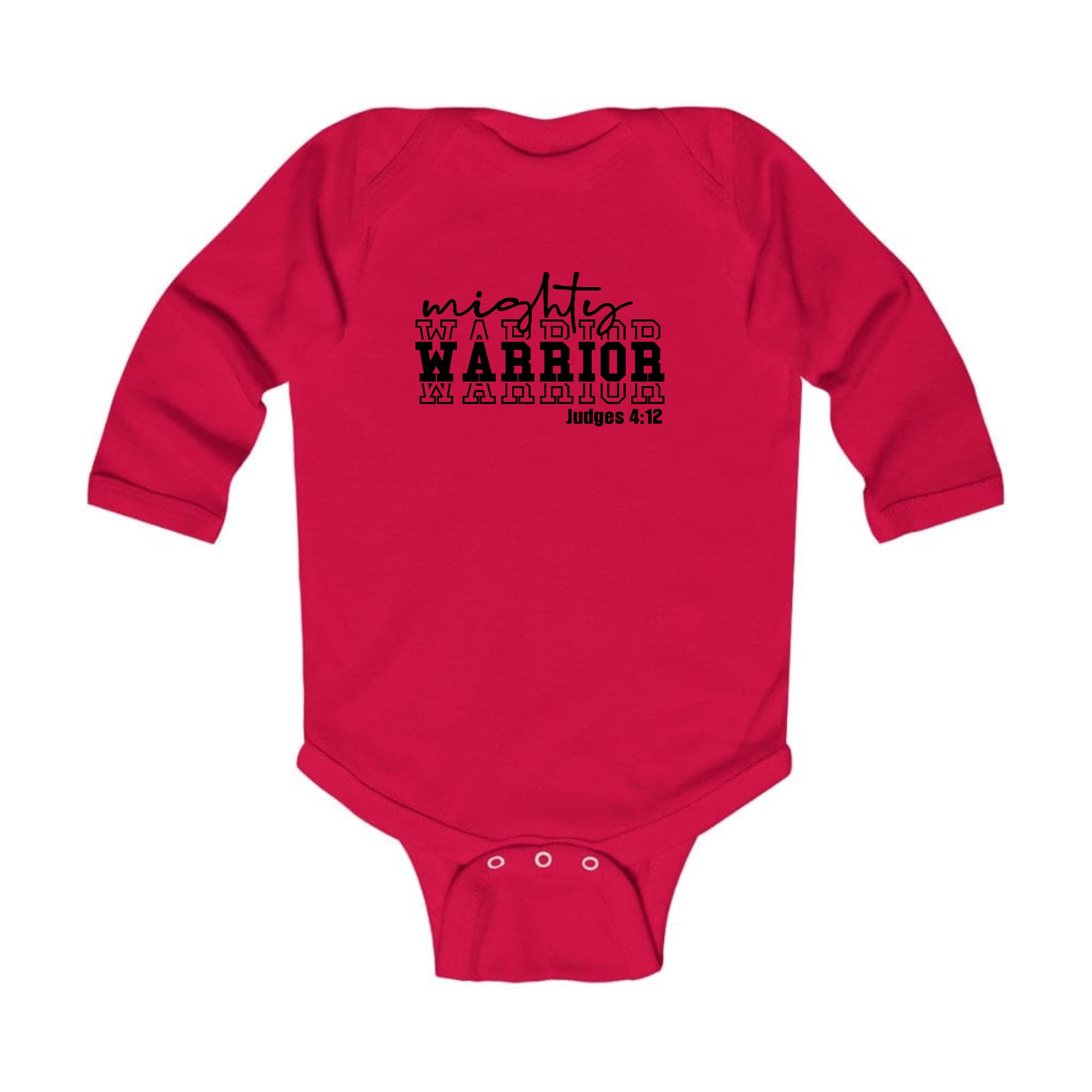 Infant long sleeve graphic t-shirt featuring a Mighty Warrior black illustration, designed for comfort and easy dressing.