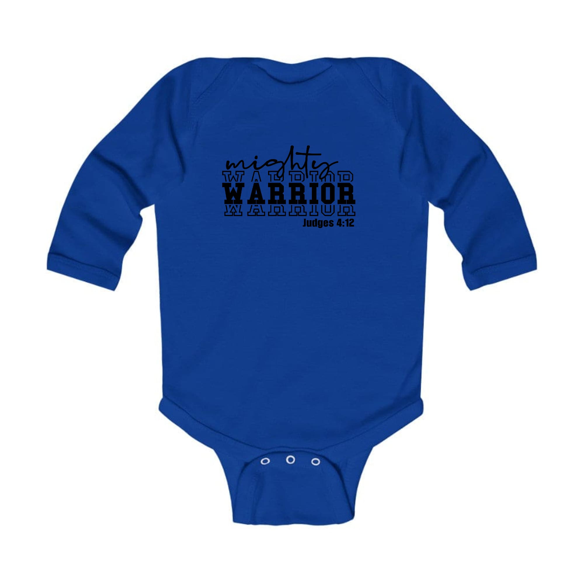 Infant long sleeve graphic t-shirt featuring a Mighty Warrior black illustration, designed for comfort and easy dressing.