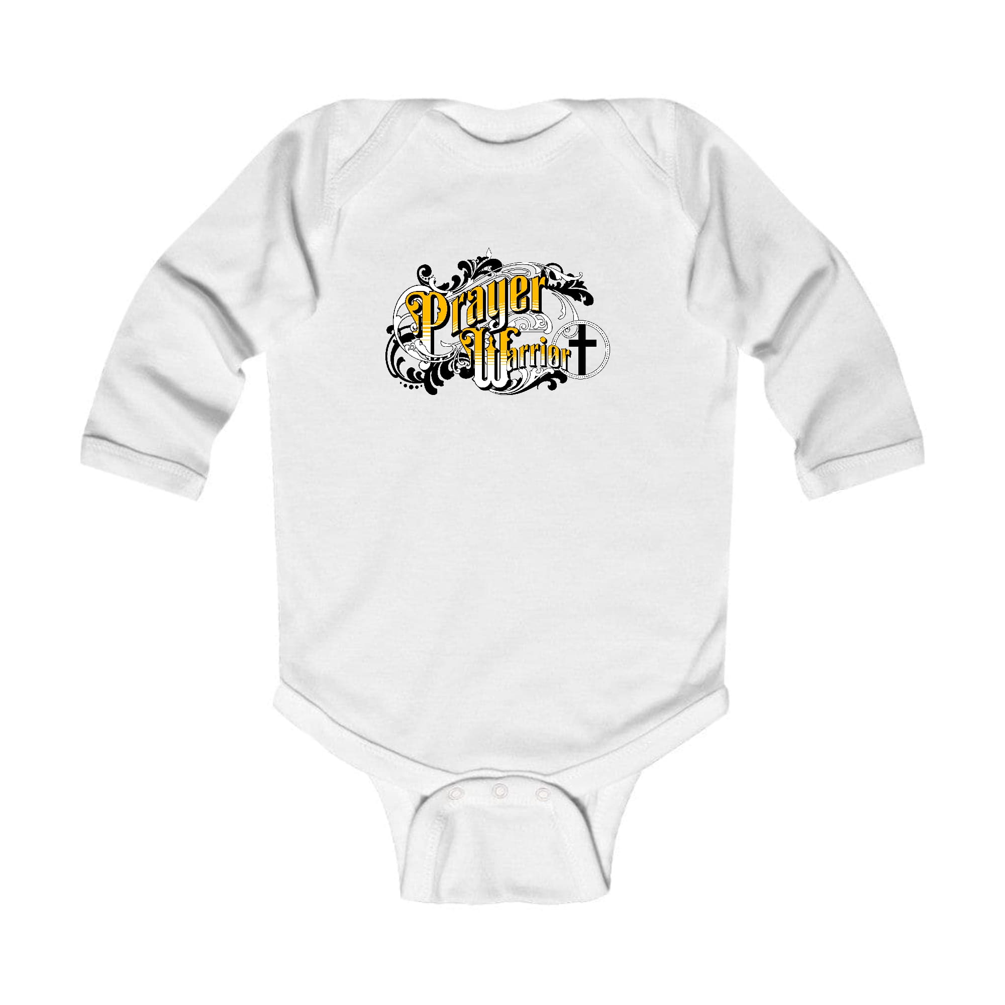 Infant Long Sleeve Graphic T-shirt featuring Prayer Warrior Victorian Style illustration, designed for comfort and easy dressing.