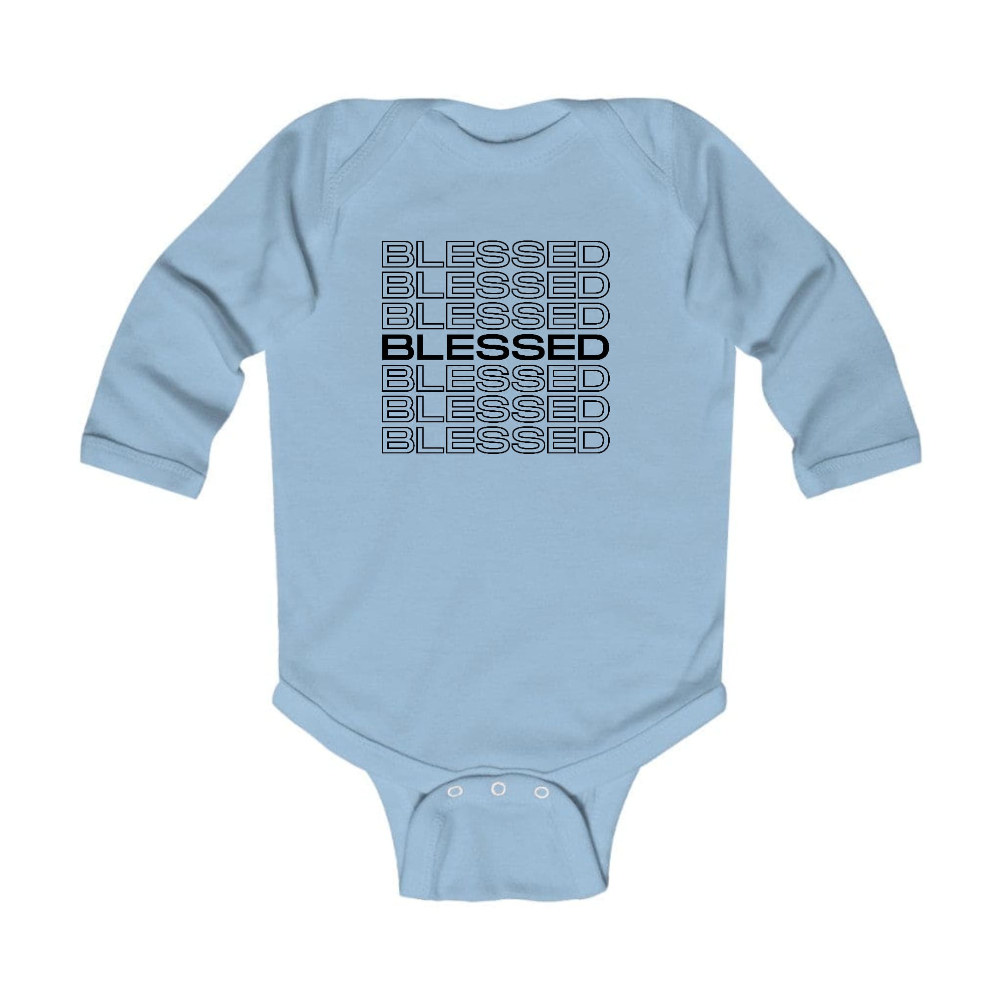 Infant Long Sleeve Graphic T-shirt featuring a Stacked Blessed print, made from soft cotton with lap shoulder design.