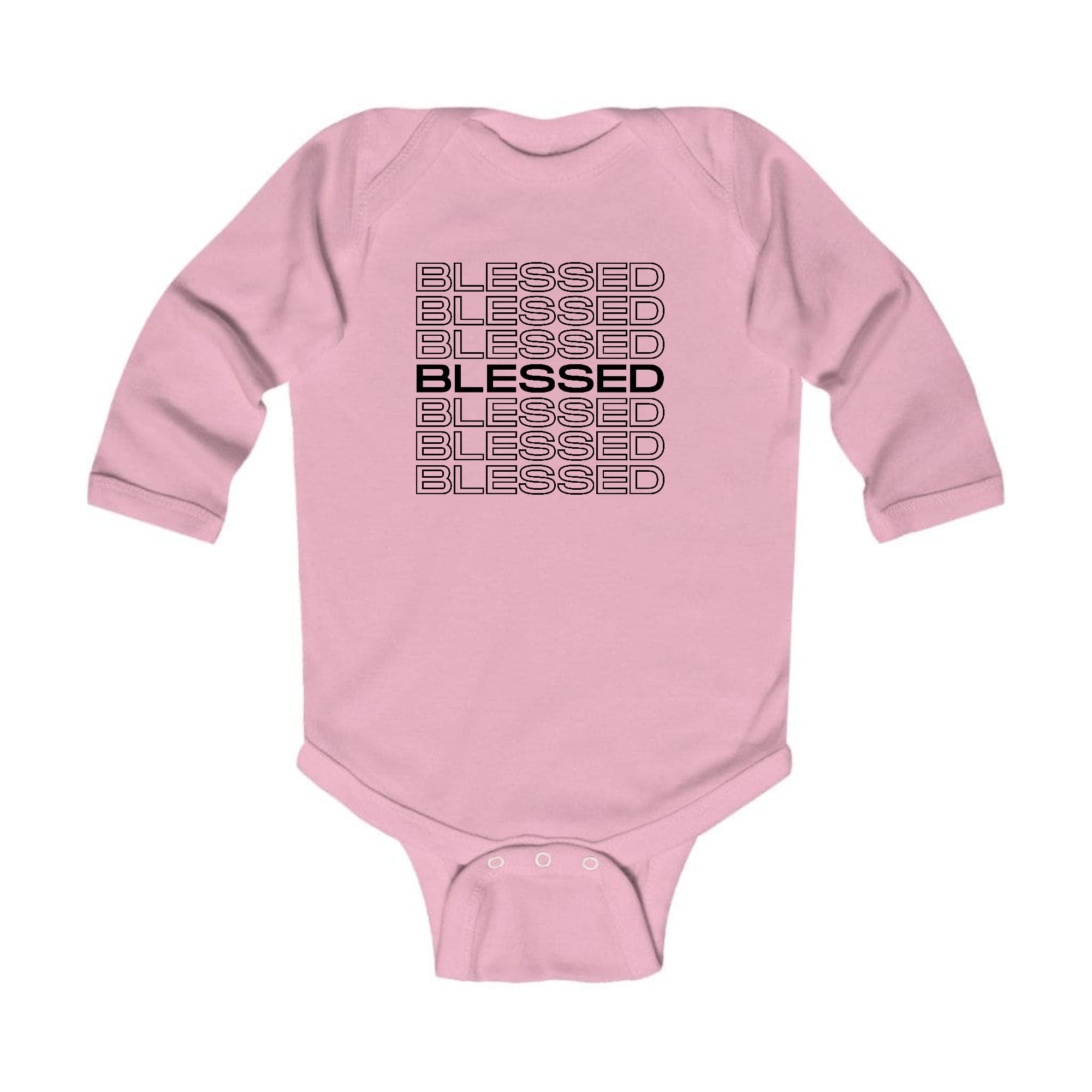 Infant Long Sleeve Graphic T-shirt featuring a Stacked Blessed print, made from soft cotton with lap shoulder design.