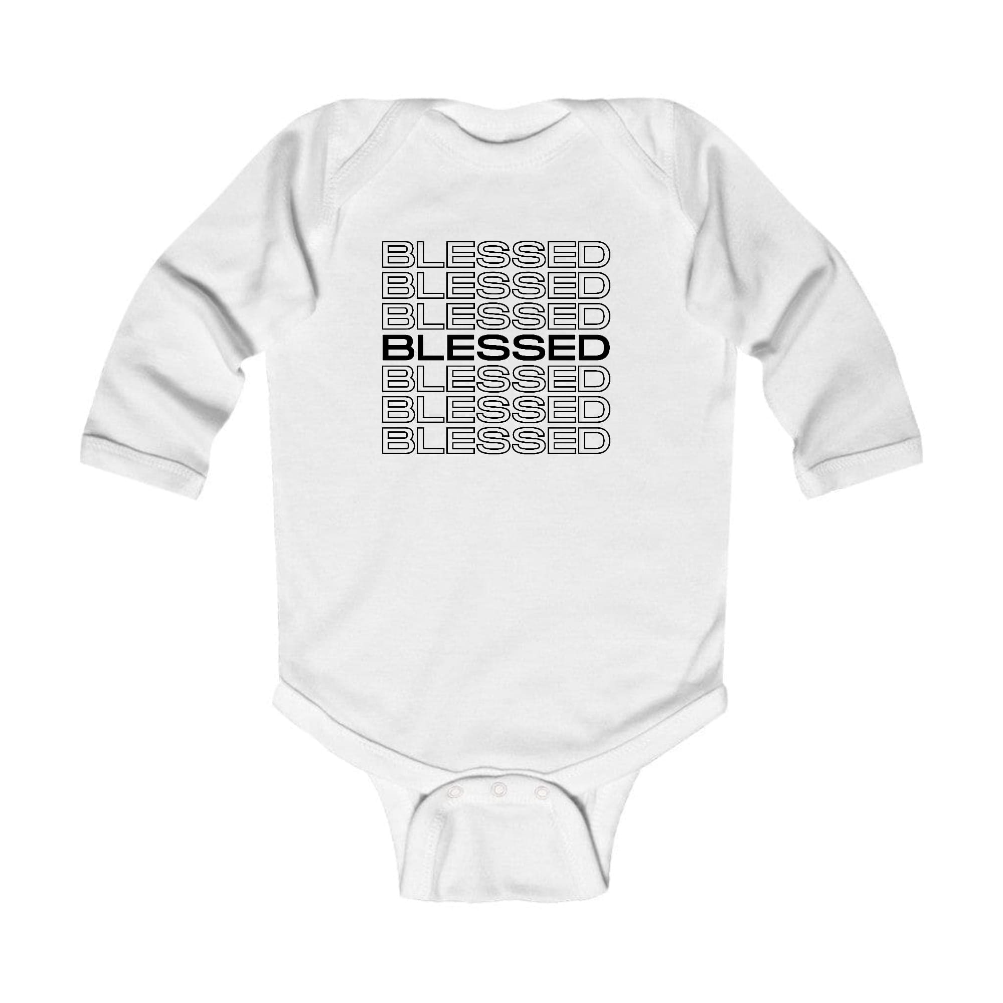 Infant Long Sleeve Graphic T-shirt featuring a Stacked Blessed print, made from soft cotton with lap shoulder design.