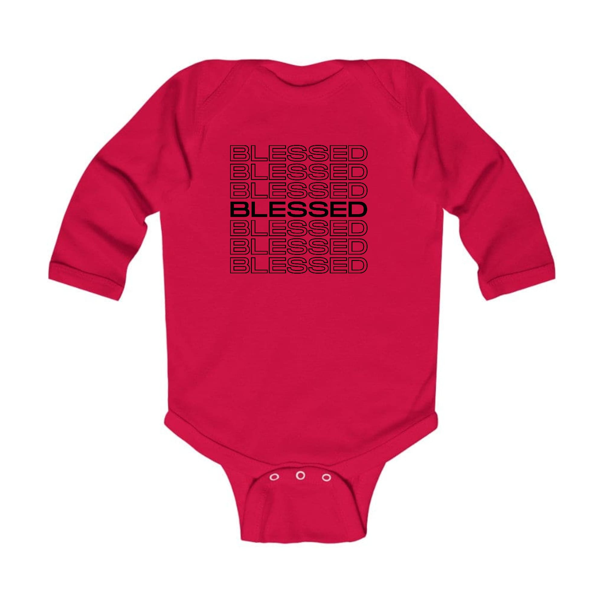 Infant Long Sleeve Graphic T-shirt featuring a Stacked Blessed print, made from soft cotton with lap shoulder design.