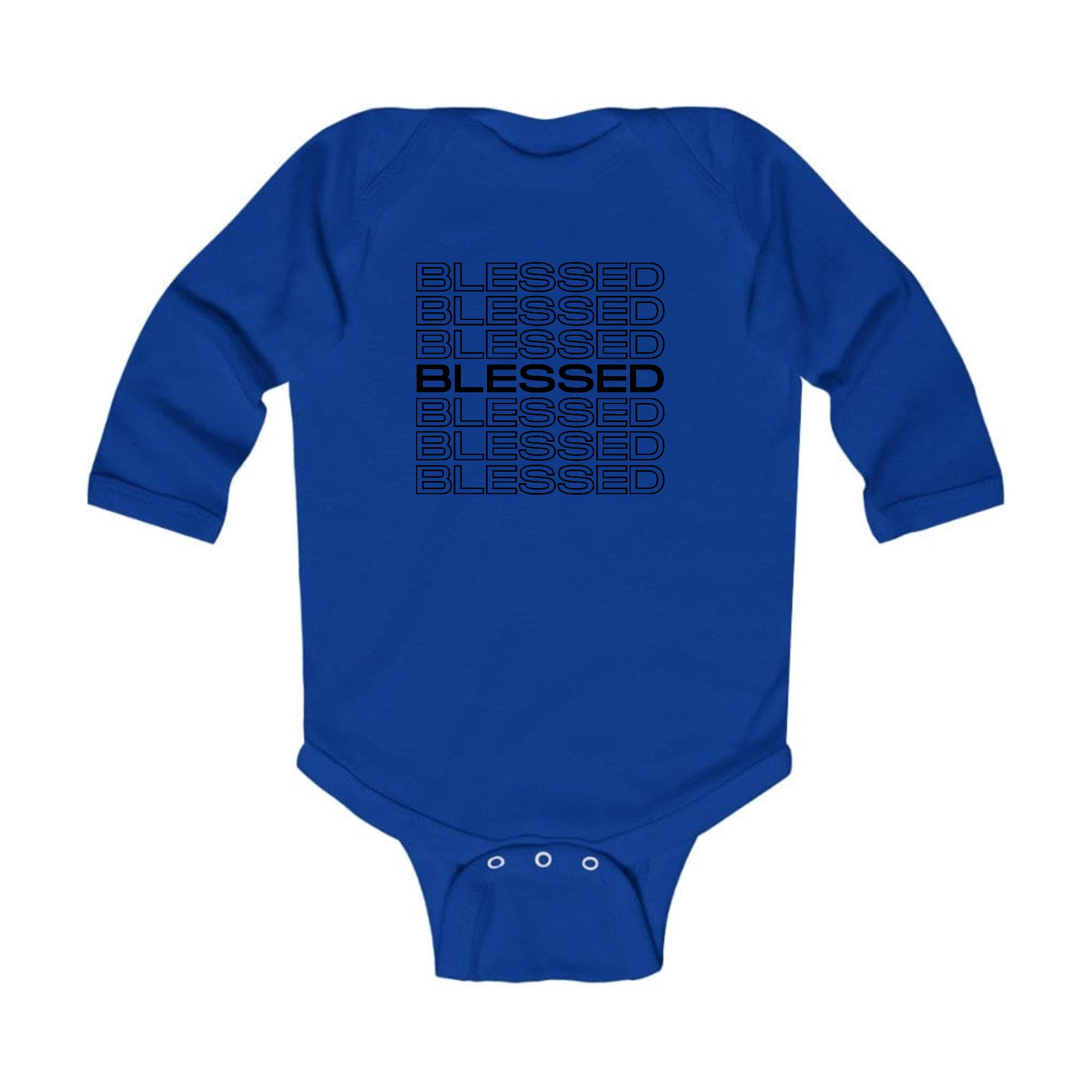 Infant Long Sleeve Graphic T-shirt featuring a Stacked Blessed print, made from soft cotton with lap shoulder design.