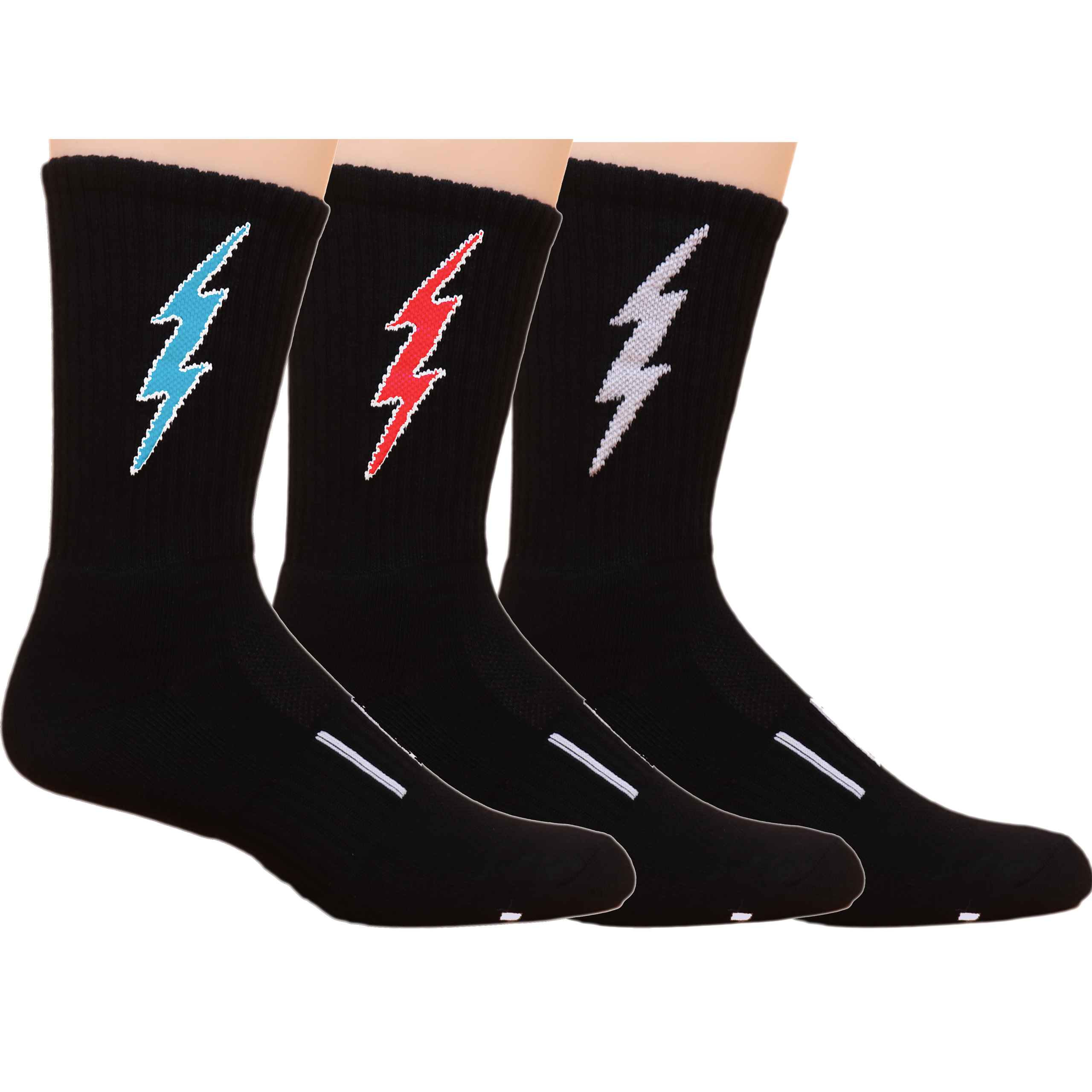 Insane Bolt Crew Socks featuring a blue lightning bolt design on a black background, ideal for gym workouts.