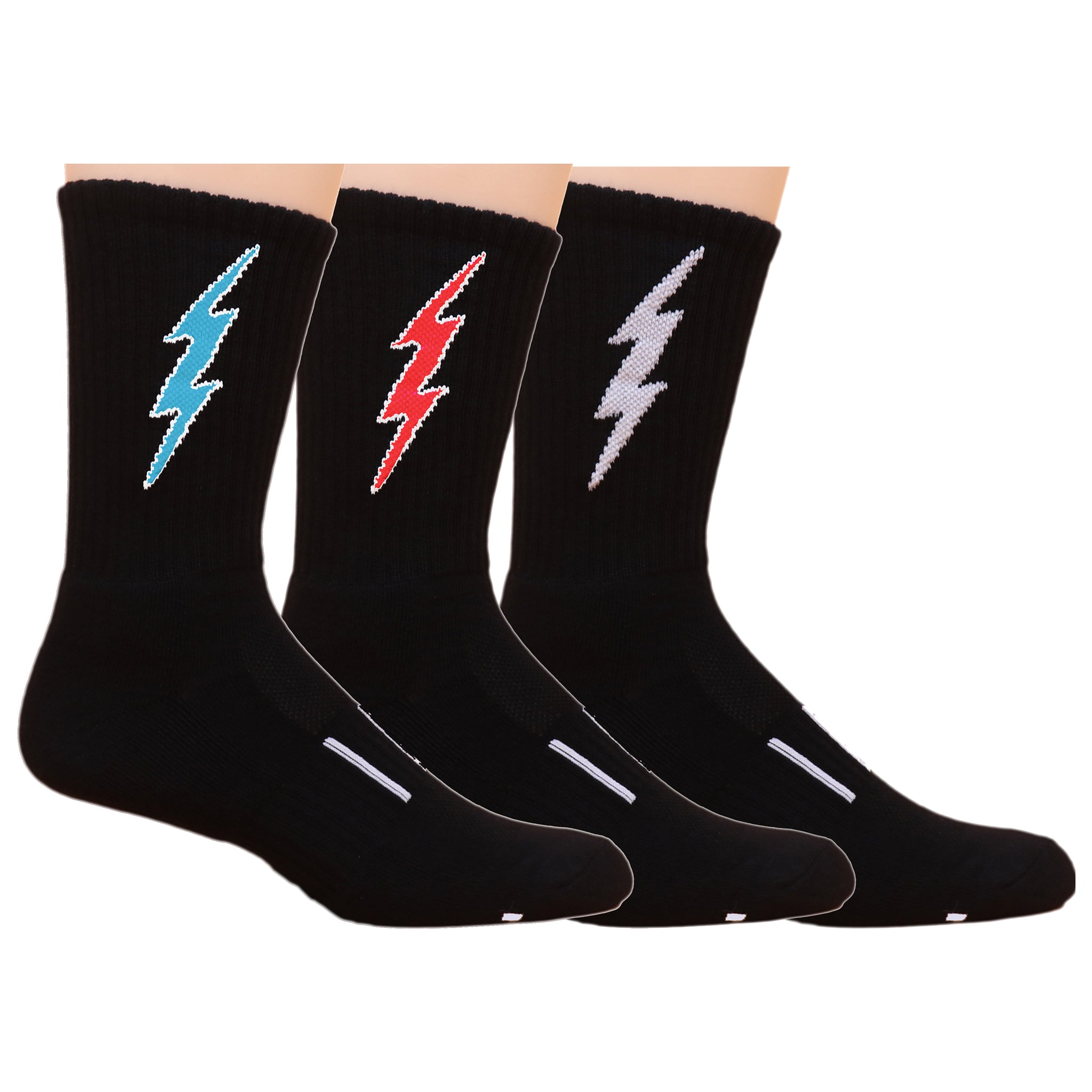 Insane Bolt Crew Socks featuring a blue lightning bolt design on a black background, ideal for gym workouts.