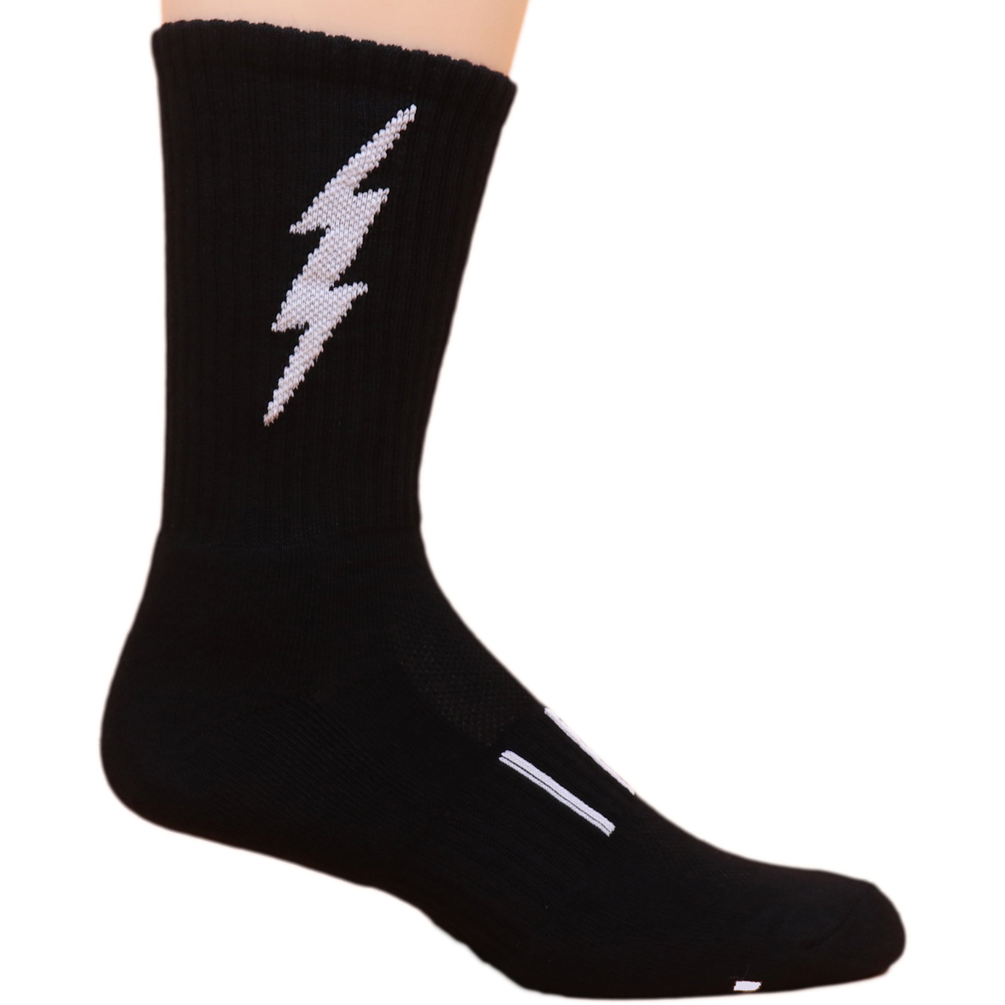 Insane Bolt Crew Socks featuring a blue lightning bolt design on a black background, ideal for gym workouts.