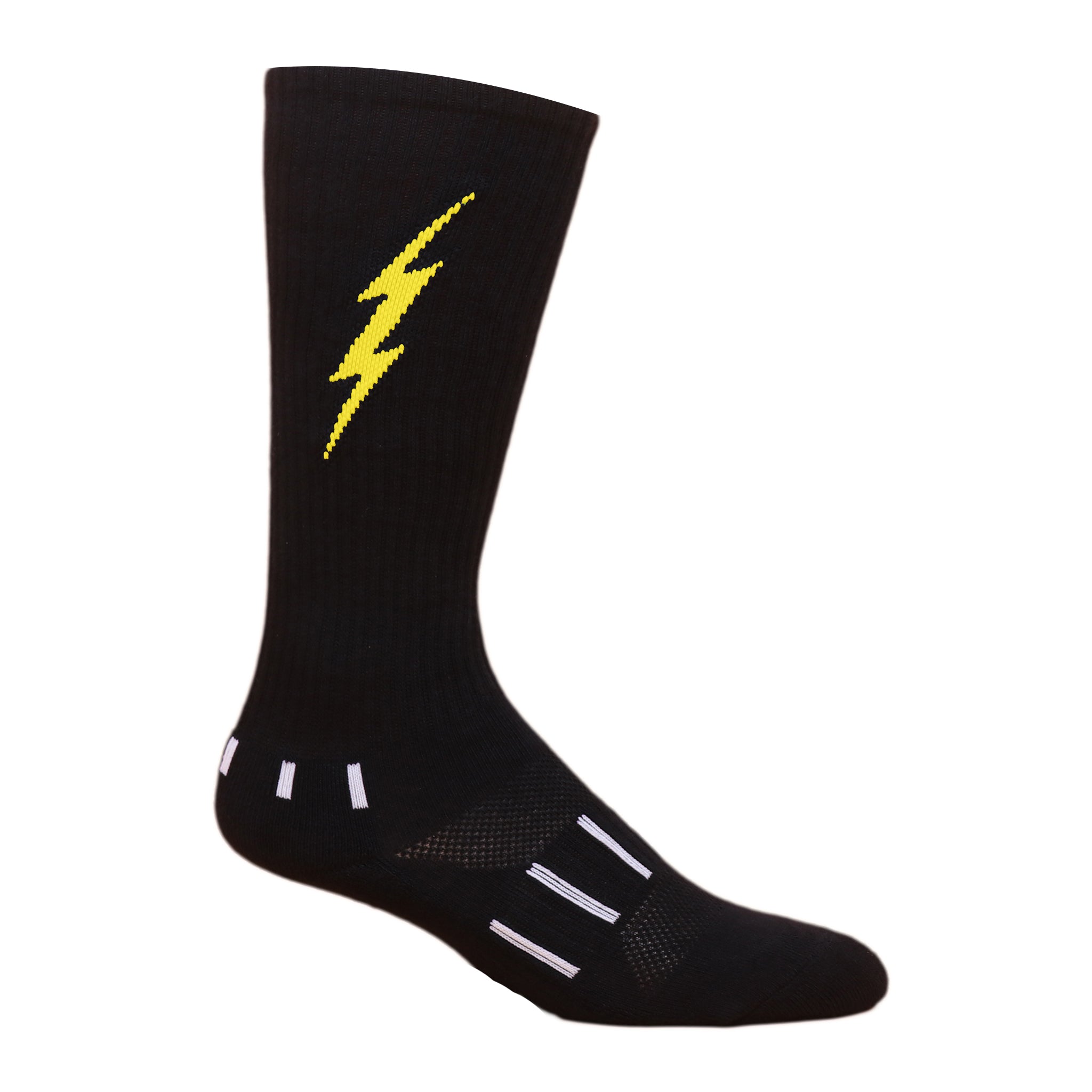 Insane Bolt Crew Socks featuring a blue lightning bolt design on a black background, ideal for gym workouts.