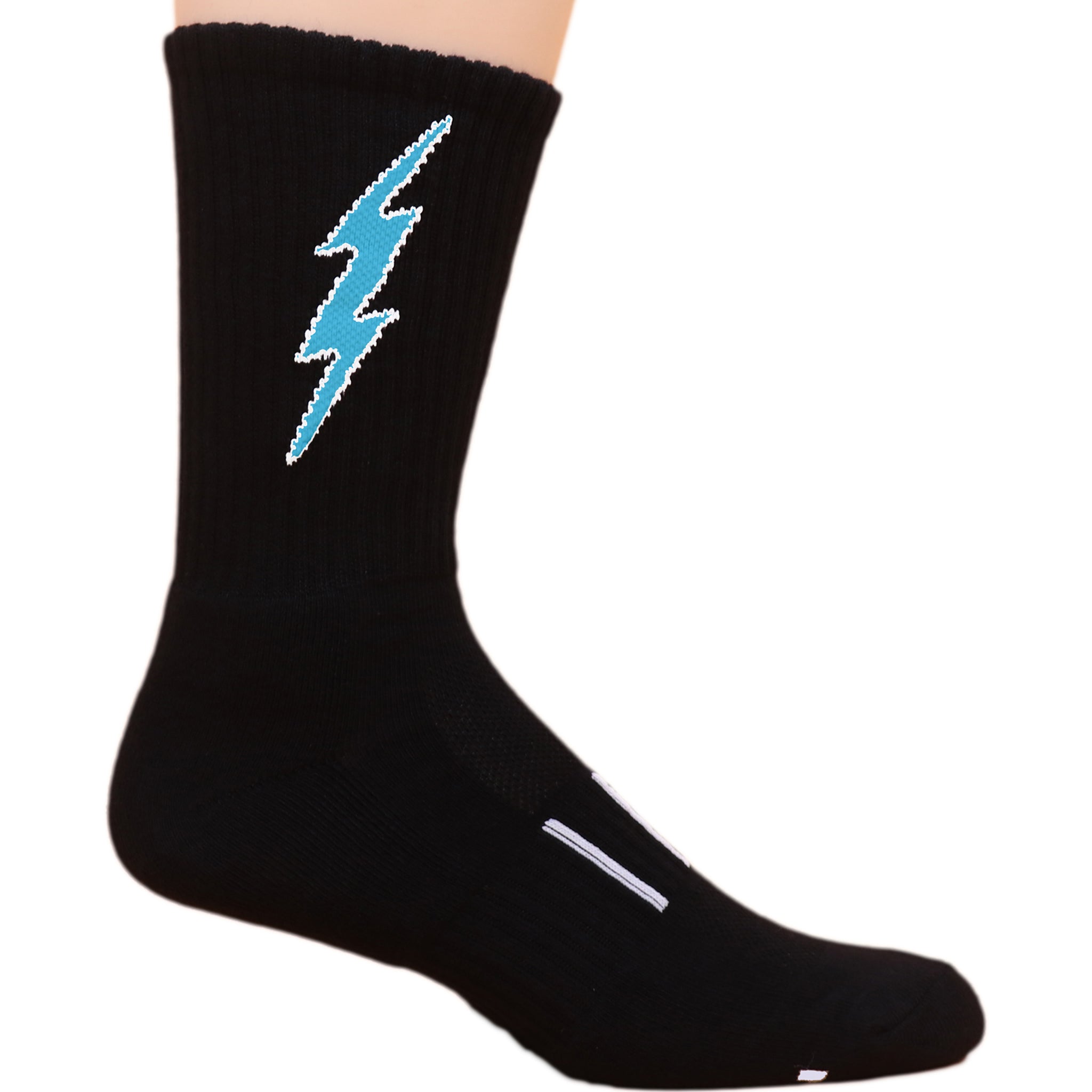 Insane Bolt Crew Socks featuring a blue lightning bolt design on a black background, ideal for gym workouts.