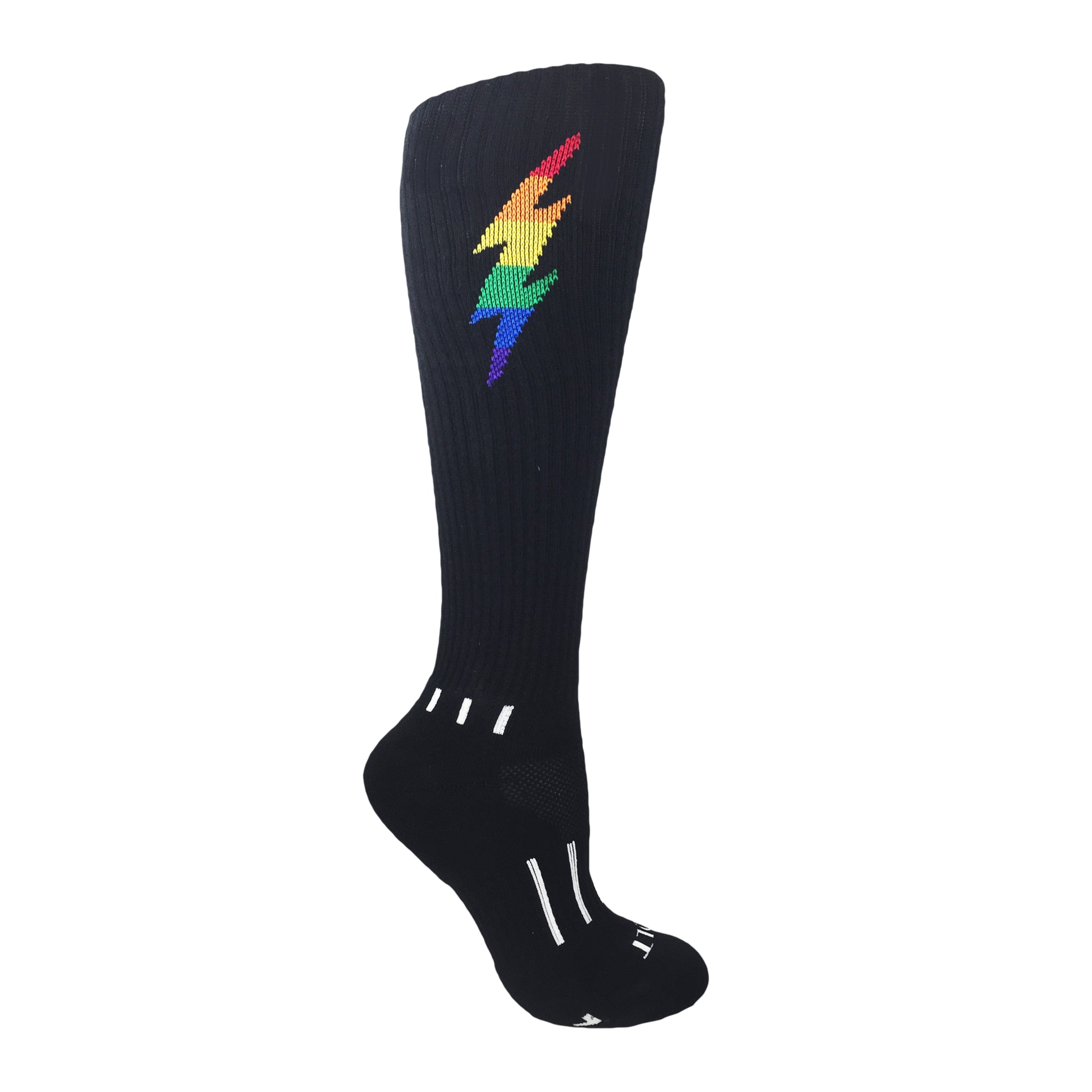 Insane Bolt Kids Socks featuring a black outline and white lightning bolt design, perfect for active sports and gym workouts.