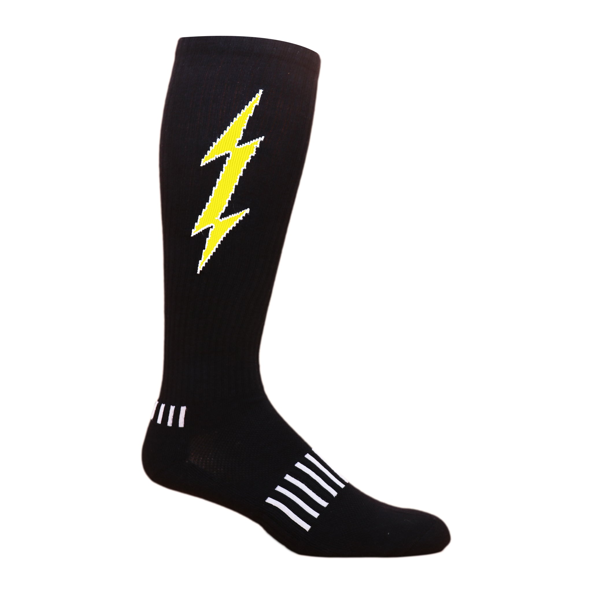 Insane Bolt Knee High Socks featuring a blue lightning bolt design on a black background, perfect for athletic activities.