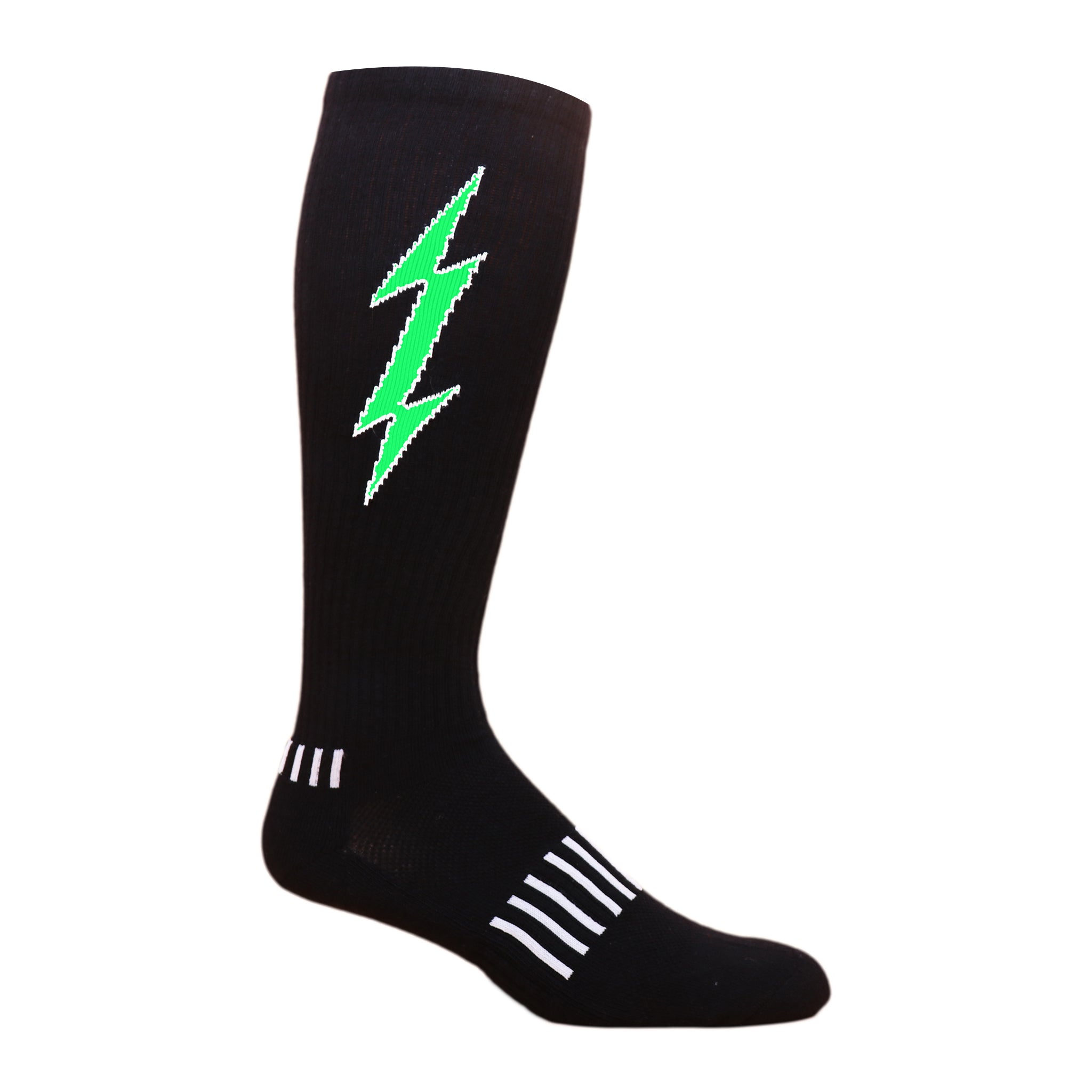 Insane Bolt Knee High Socks featuring a blue lightning bolt design on a black background, perfect for athletic activities.