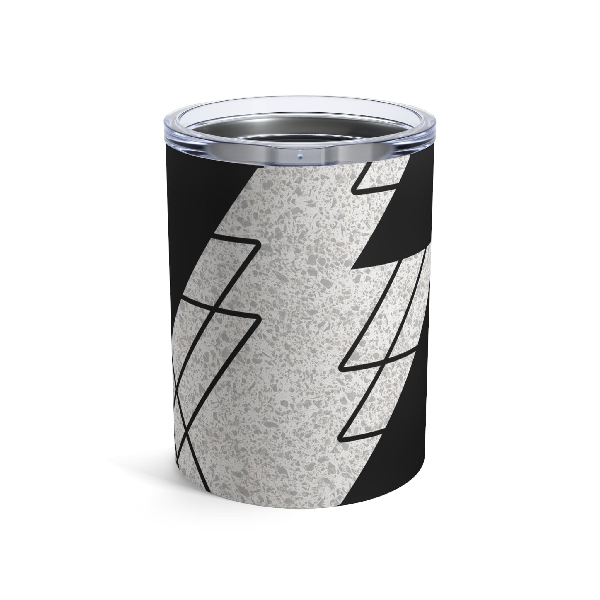 Insulated 10oz tumbler in black and white ash grey triangular colorblock design, featuring a see-thru plastic lid and rounded corners.