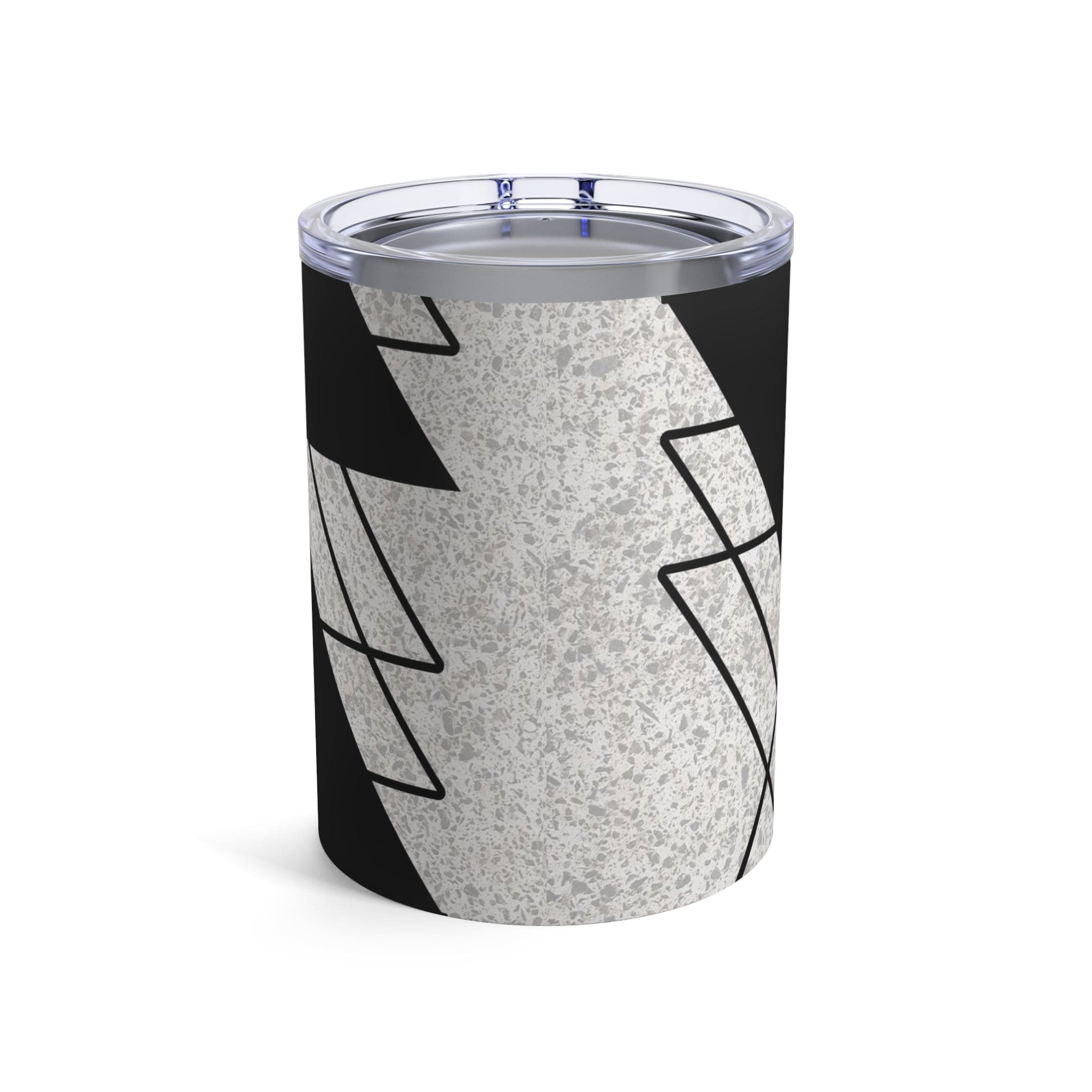 Insulated 10oz tumbler in black and white ash grey triangular colorblock design, featuring a see-thru plastic lid and rounded corners.