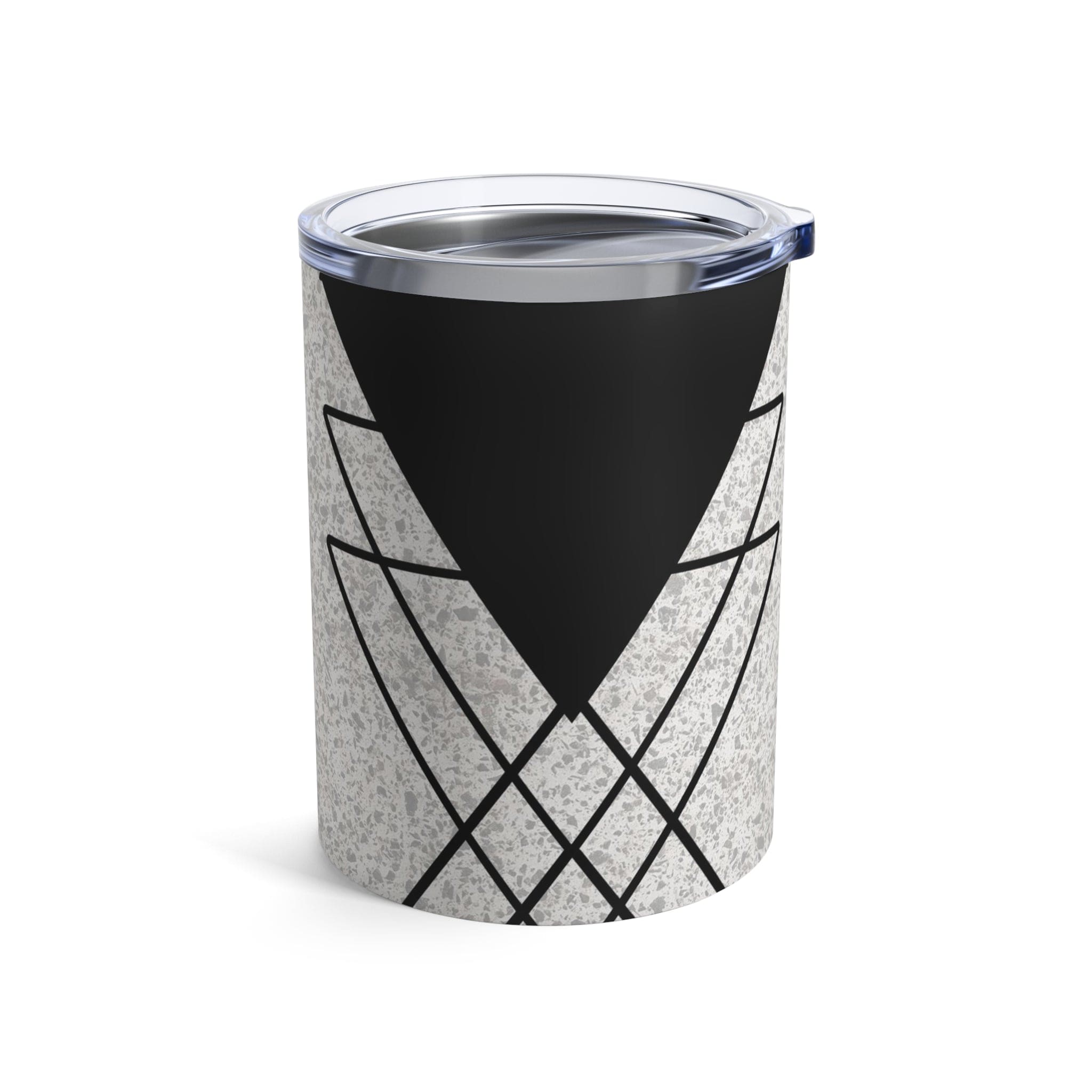 Insulated 10oz tumbler in black and white ash grey triangular colorblock design, featuring a see-thru plastic lid and rounded corners.