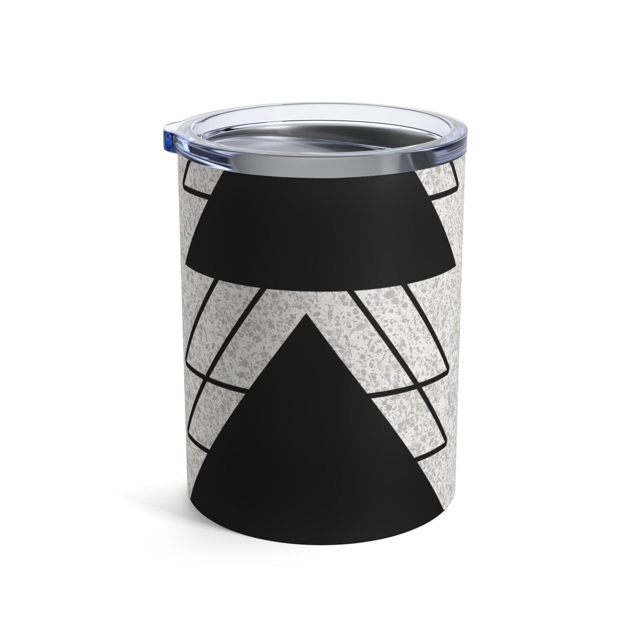 Insulated 10oz tumbler in black and white ash grey triangular colorblock design, featuring a see-thru plastic lid and rounded corners.