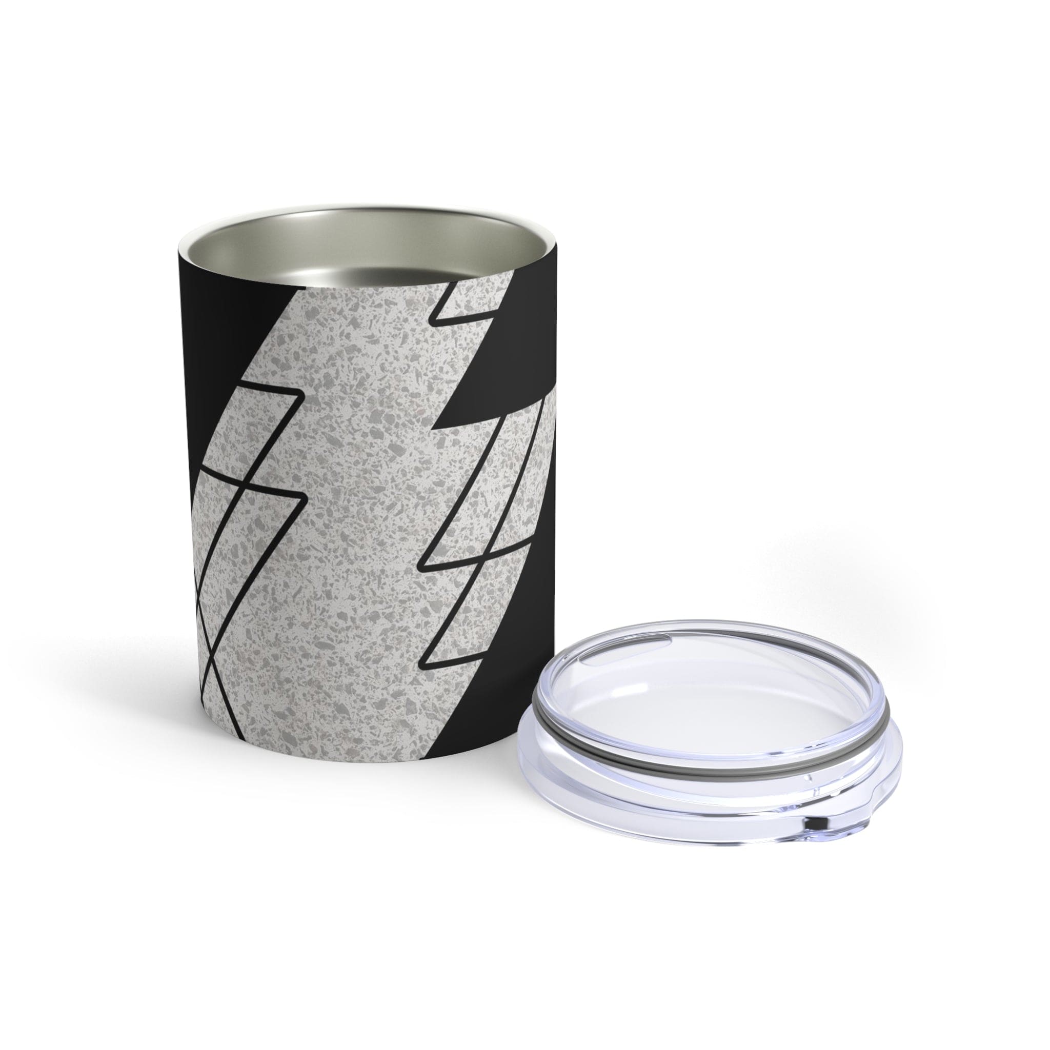 Insulated 10oz tumbler in black and white ash grey triangular colorblock design, featuring a see-thru plastic lid and rounded corners.