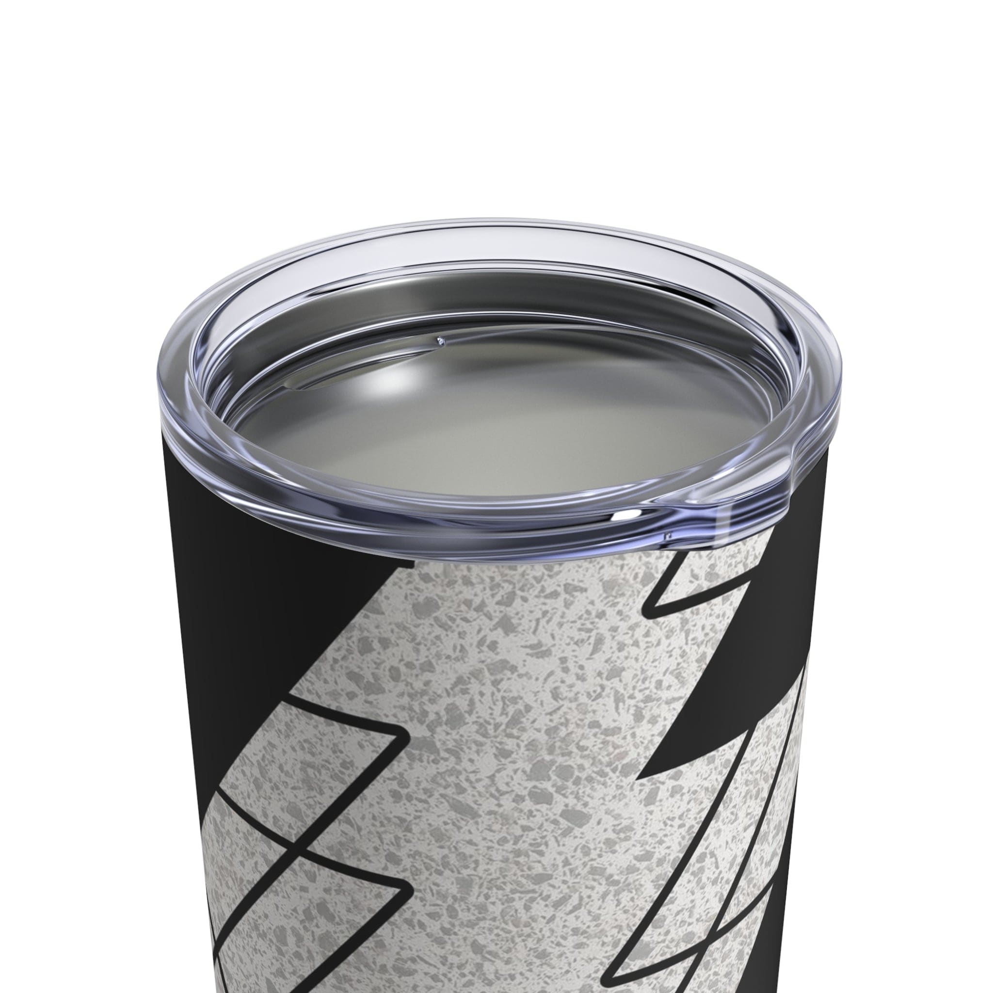 Insulated 10oz tumbler in black and white ash grey triangular colorblock design, featuring a see-thru plastic lid and rounded corners.