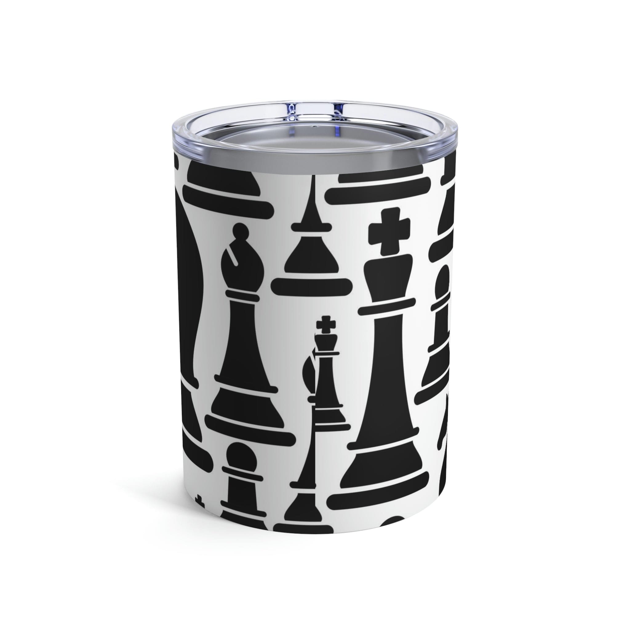 10oz insulated tumbler featuring a black and white chess print, made of stainless steel with a see-thru plastic lid.