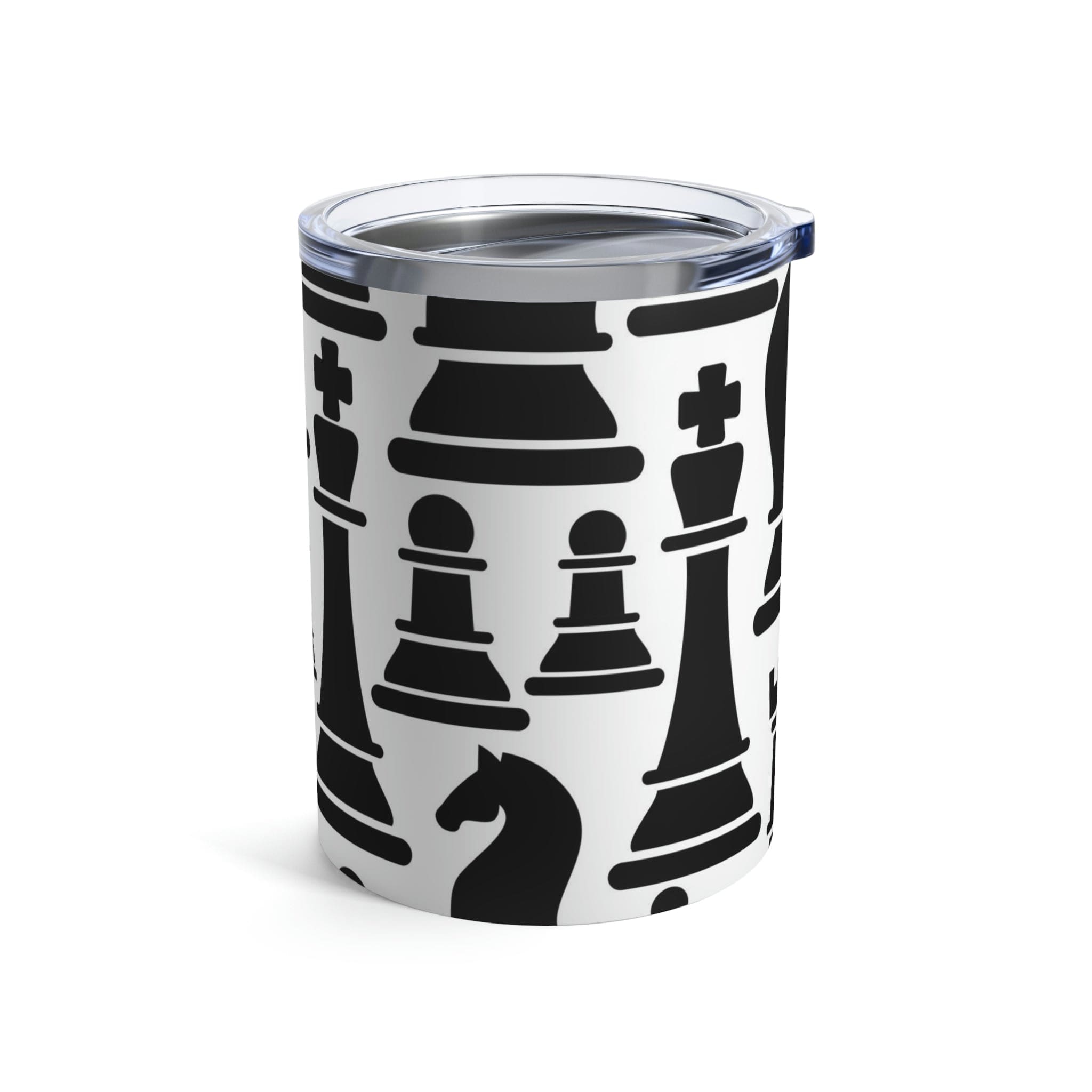 10oz insulated tumbler featuring a black and white chess print, made of stainless steel with a see-thru plastic lid.