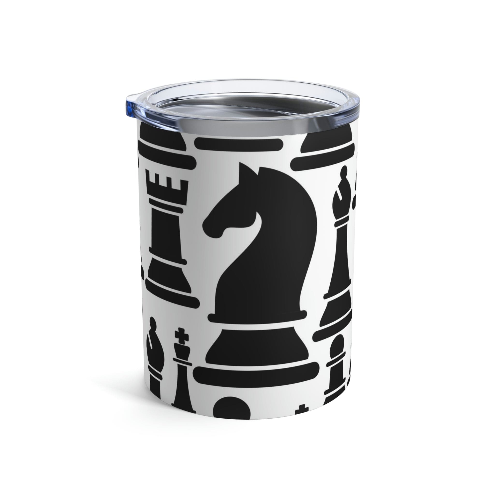 10oz insulated tumbler featuring a black and white chess print, made of stainless steel with a see-thru plastic lid.